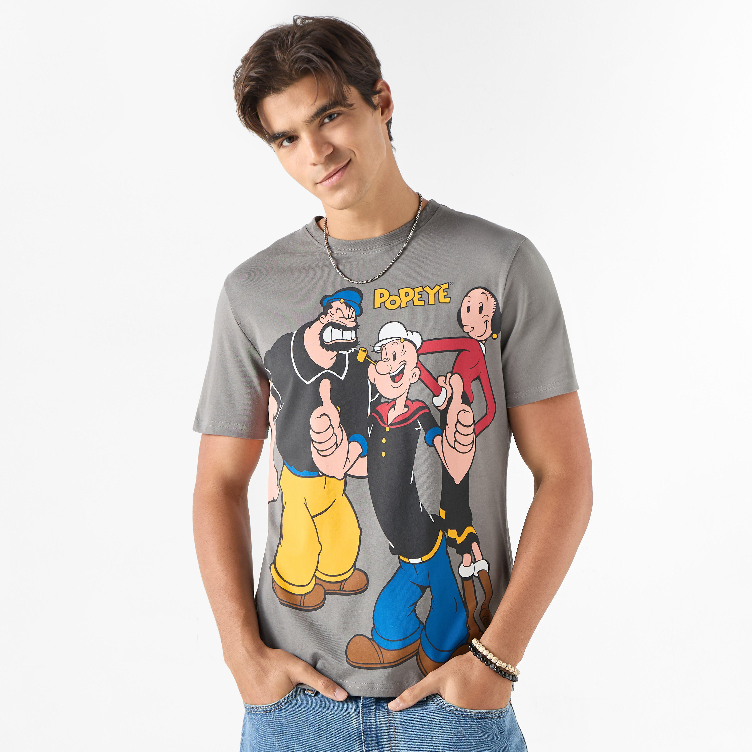 Shop Regular Fit Popeye Print Crew Neck T-shirt with Short Sleeves