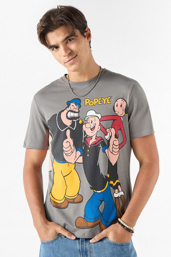 Shop Regular Fit Popeye Print Crew Neck T-shirt with Short Sleeves