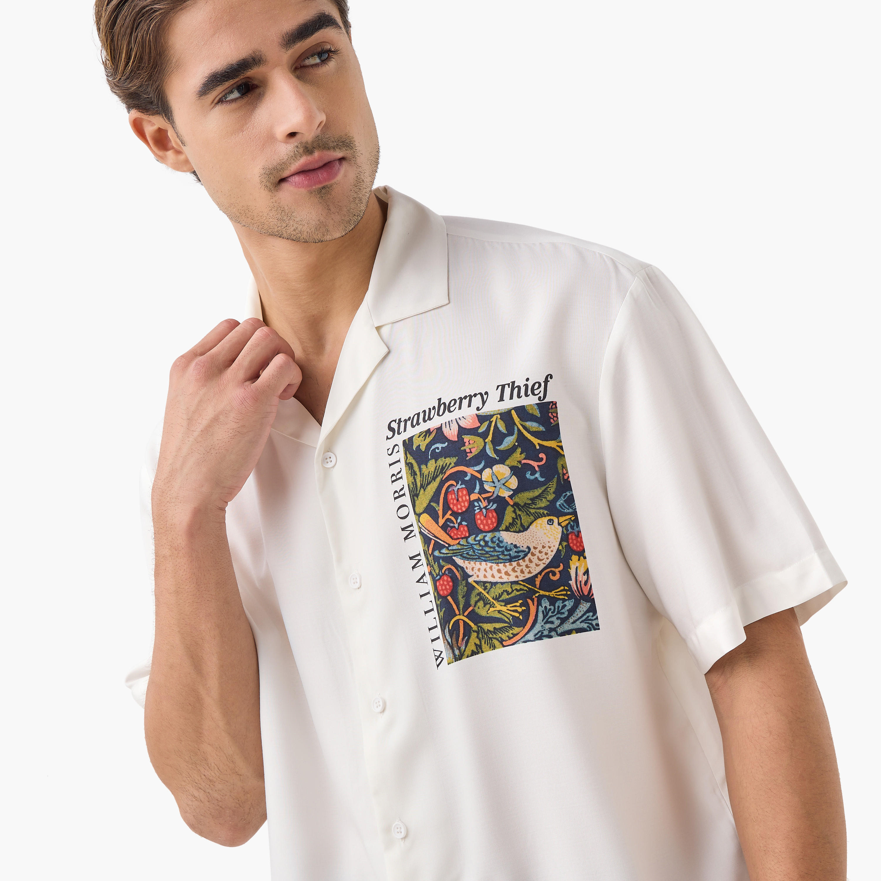 William Morris Strawberry Thief Print Relaxed Fit Shirt with Camp Collar-men-clothing-shirts-image-4