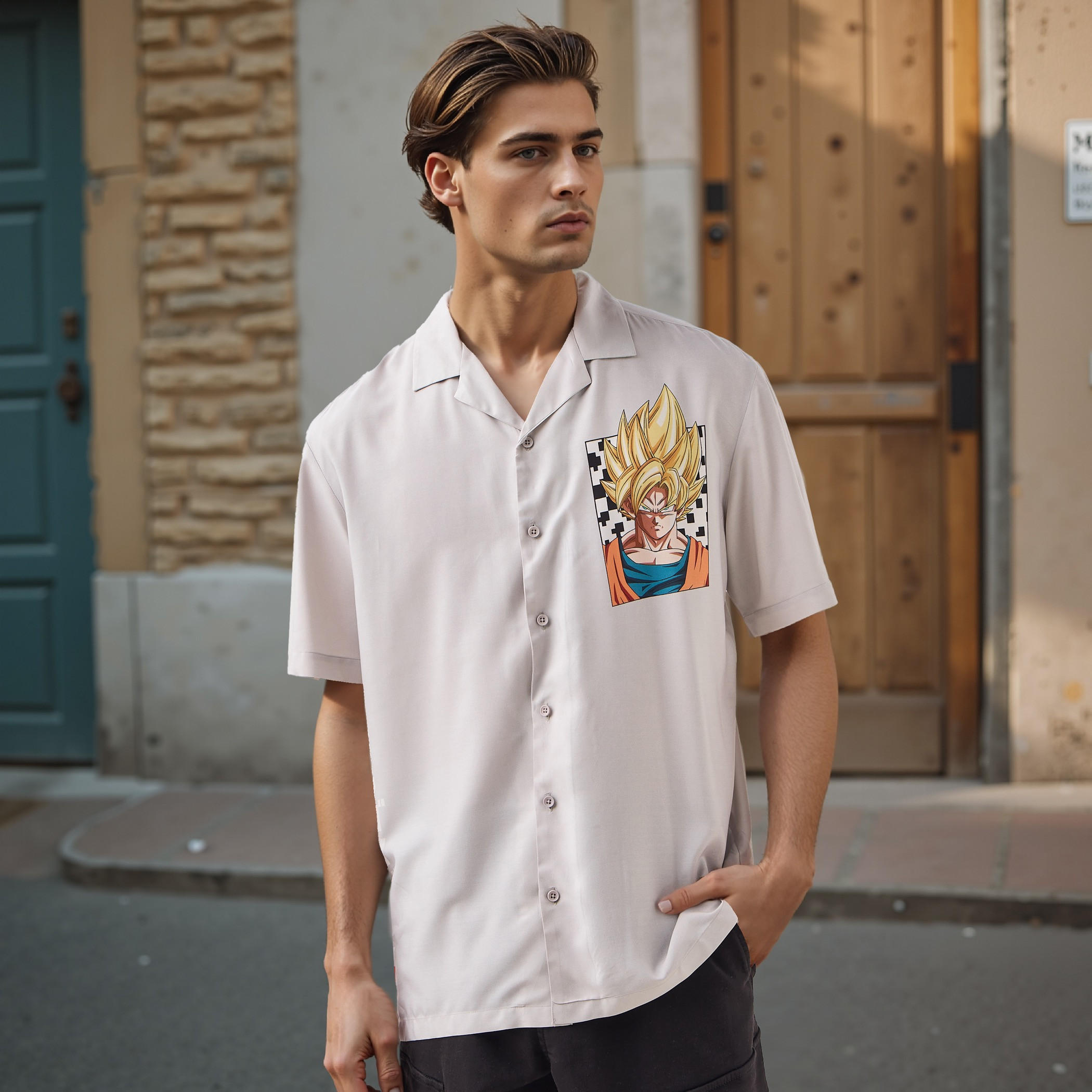 قميص بقصة مريحة وياقة كامب وأكمام قصيرة وطبعات جوكو-men-clothing-shirts-image-1