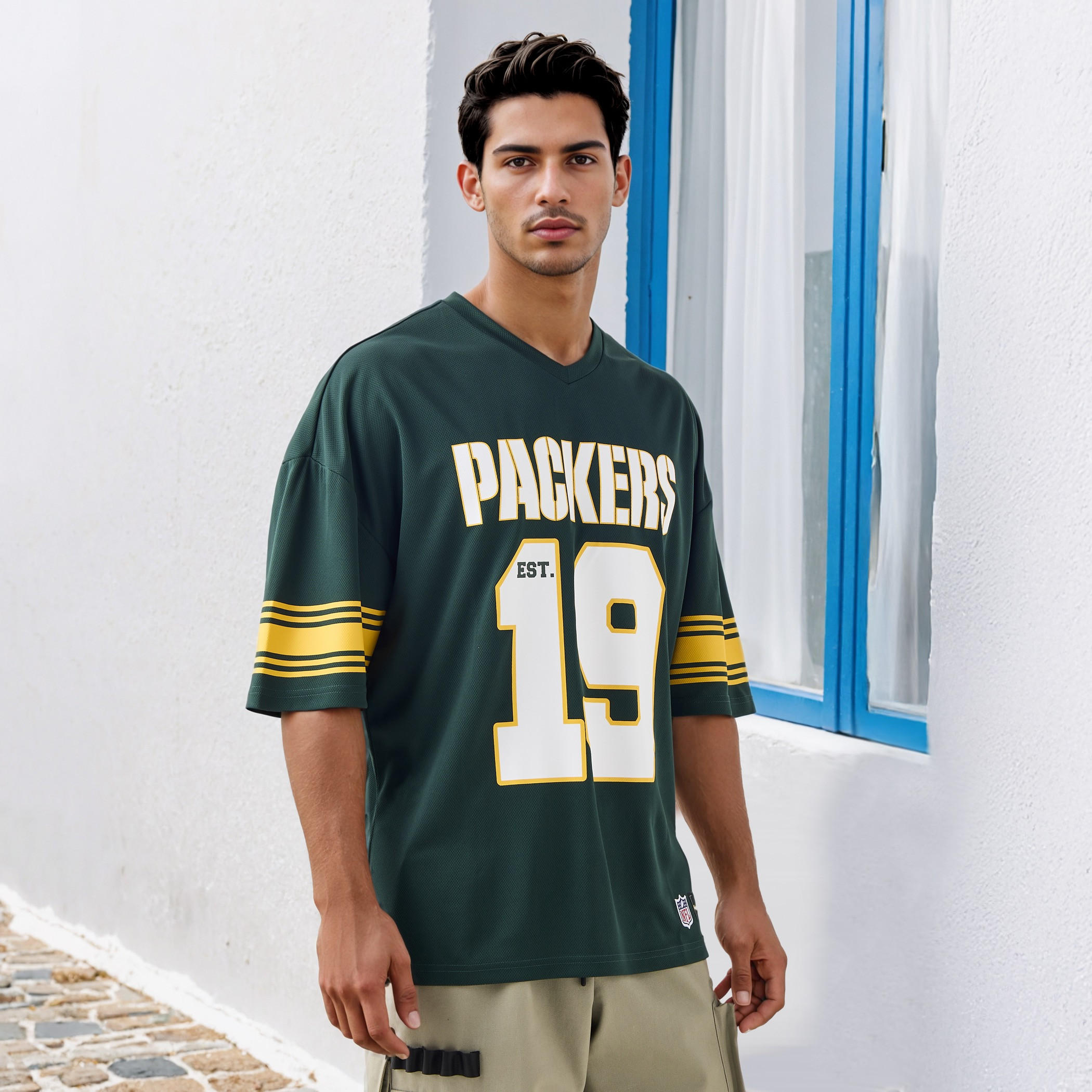 تيشيرت بياقة V وأكمام قصيرة بطبعات بيكرز-men-clothing-tshirtsandpolos-tshirts-image-1