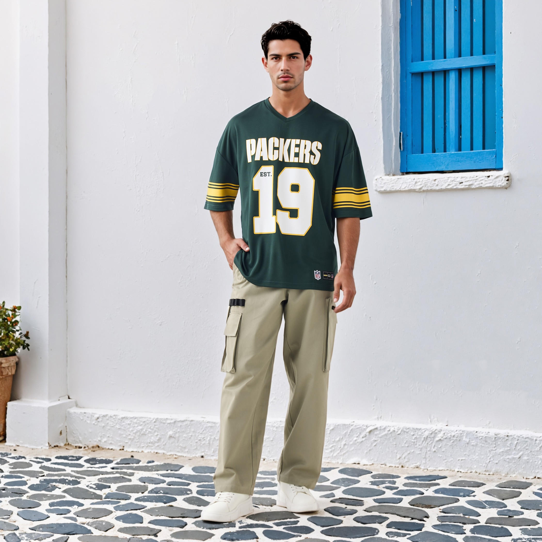 تيشيرت بياقة V وأكمام قصيرة بطبعات بيكرز-men-clothing-tshirtsandpolos-tshirts-image-2