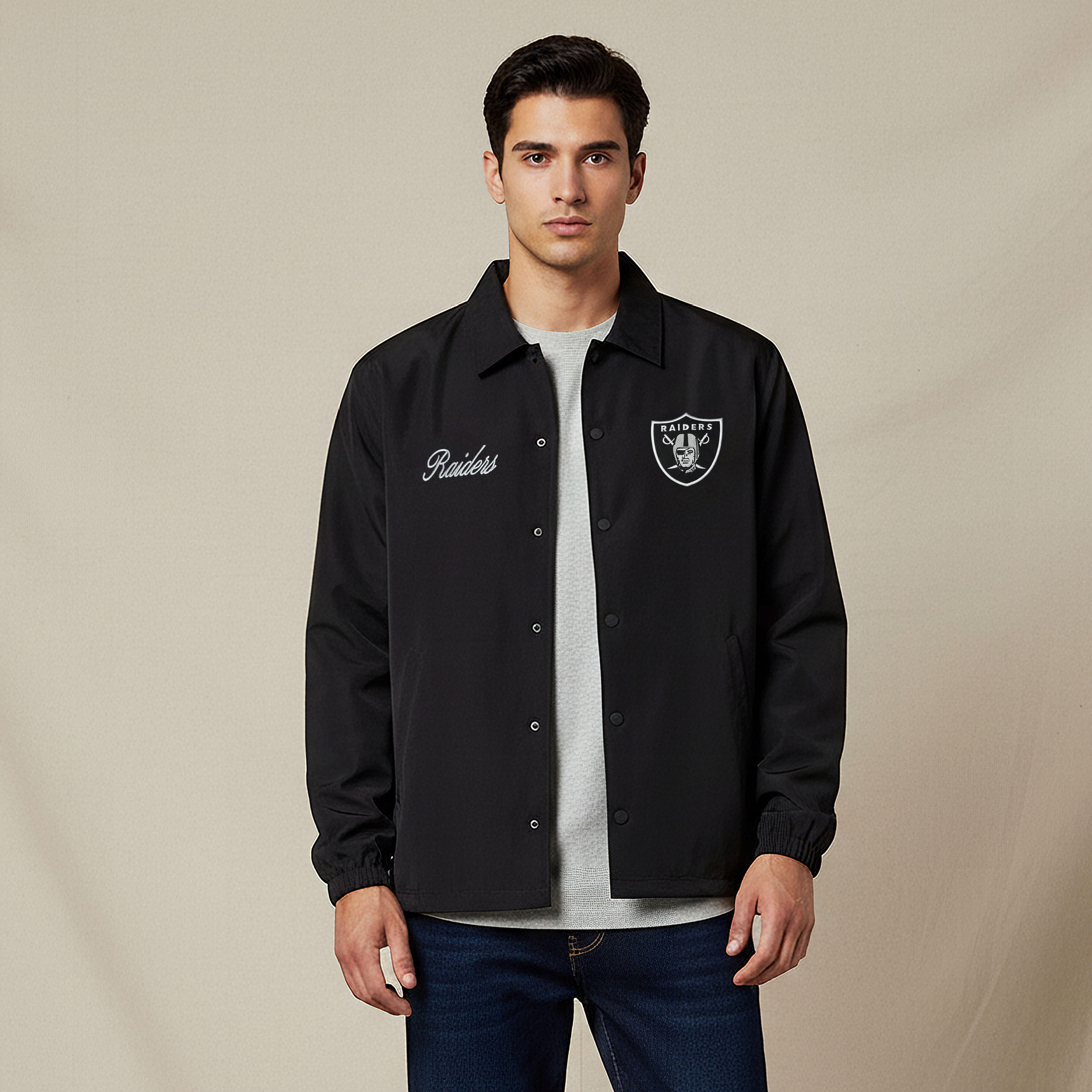 Men Relaxed Fit Raiders Logo Embroidered Coach Jacket-men-clothing-jacketsandblazers-jackets-image-1