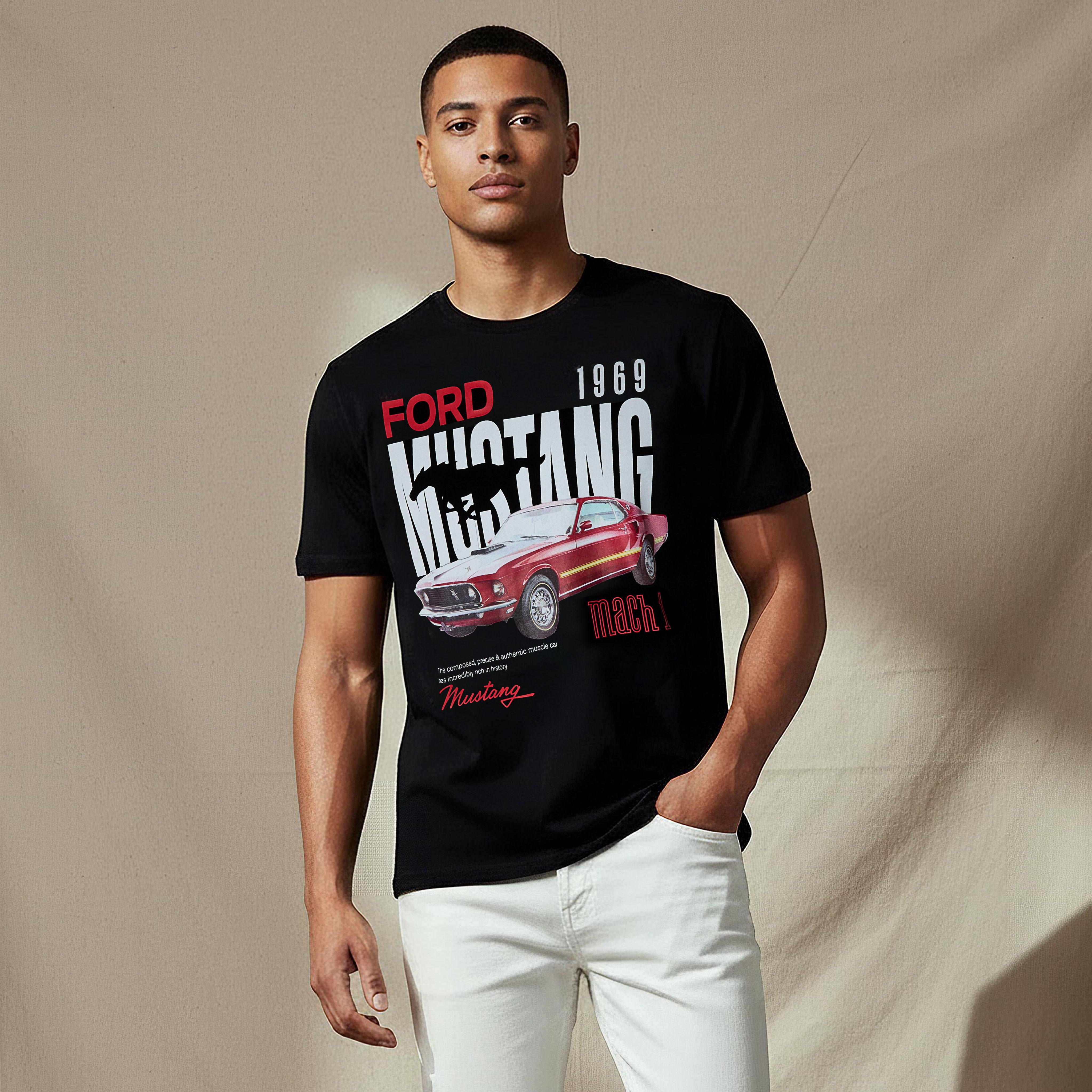 تيشيرت فورد موستانج رجالي بقصة عادية وياقة دائرية وأكمام قصيرة-men-clothing-tshirtsandpolos-tshirts-image-1