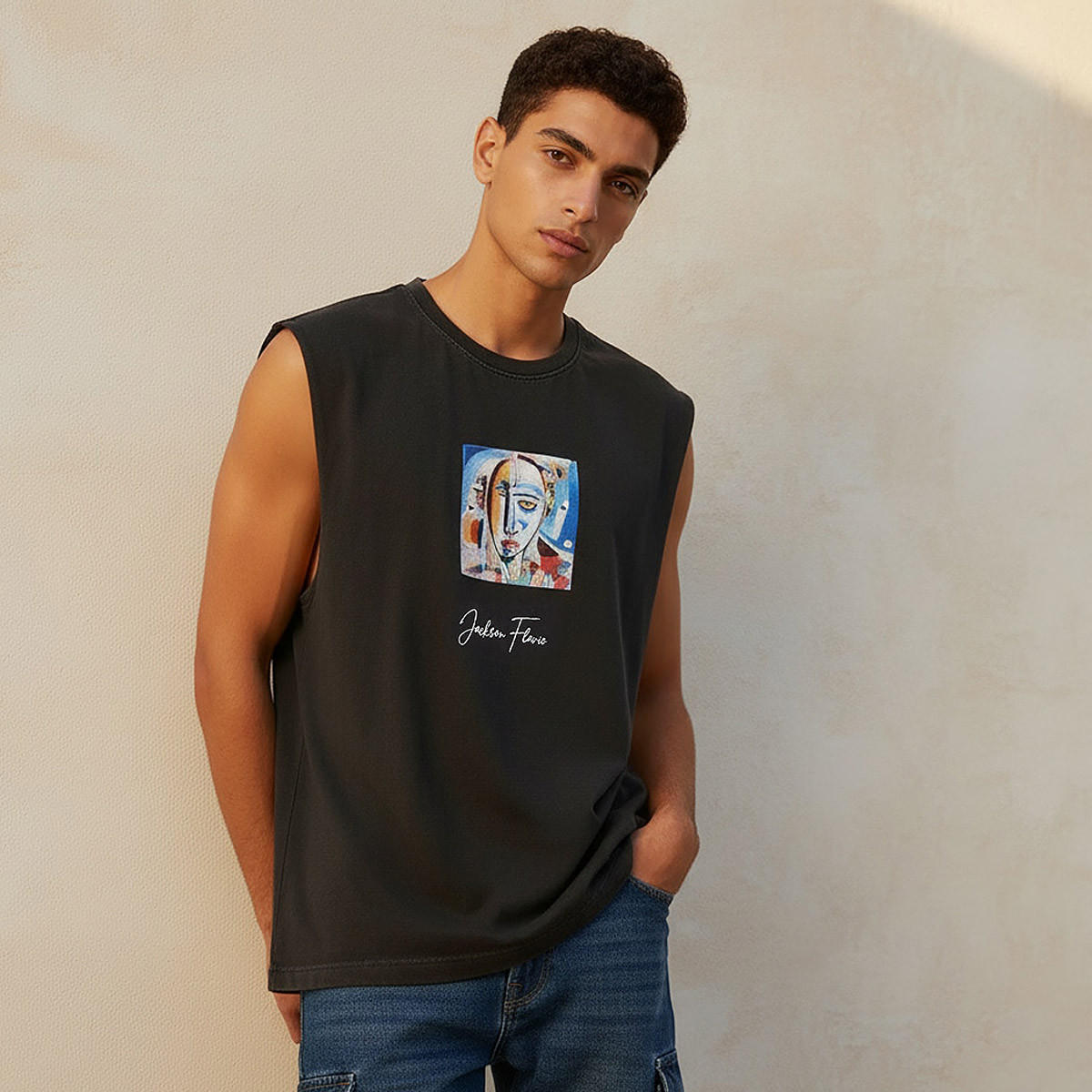 Men Round Neck Sleeveless Jackson Flavio Print T-shirt-men-clothing-tshirtsandpolos-tshirts-image-1
