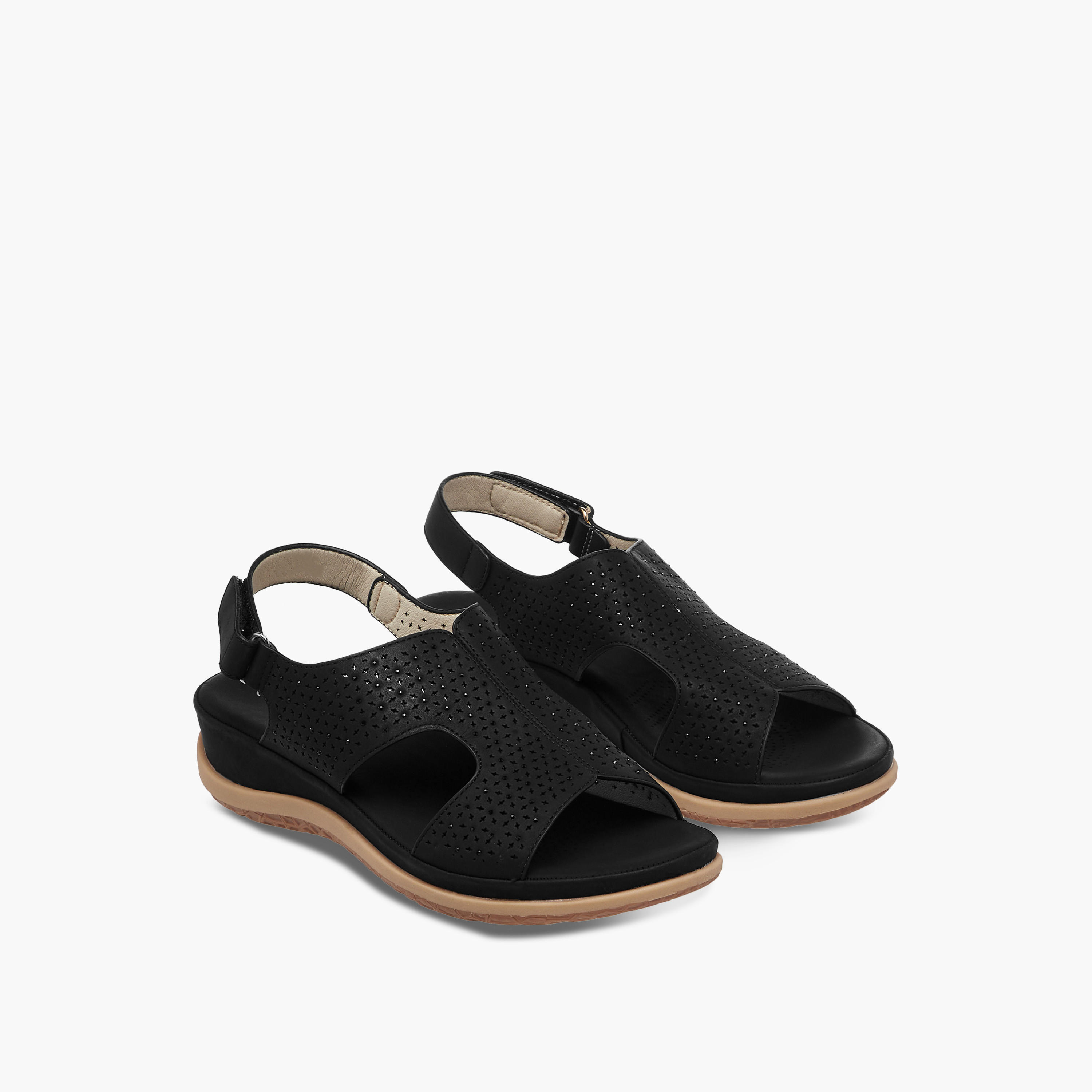 Le Confort Laser Cut Detail Comfort Sandals with Hook and Loop Closure-women-shoes-flats-sandals-image-1