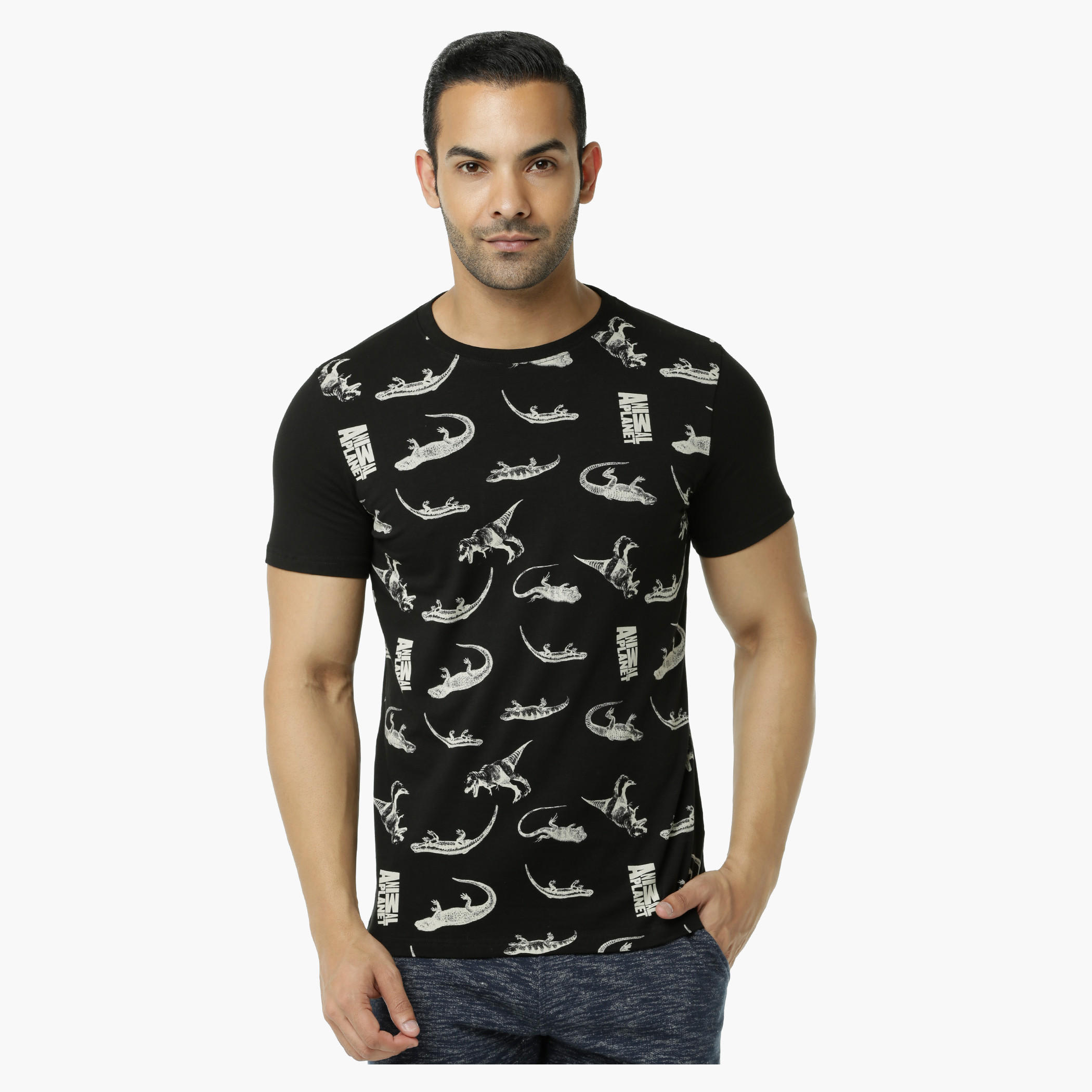 Printed Crew Neck T-Shirt with Short Sleeves-men-clothing-tshirtsandpolos-tshirts-image-1
