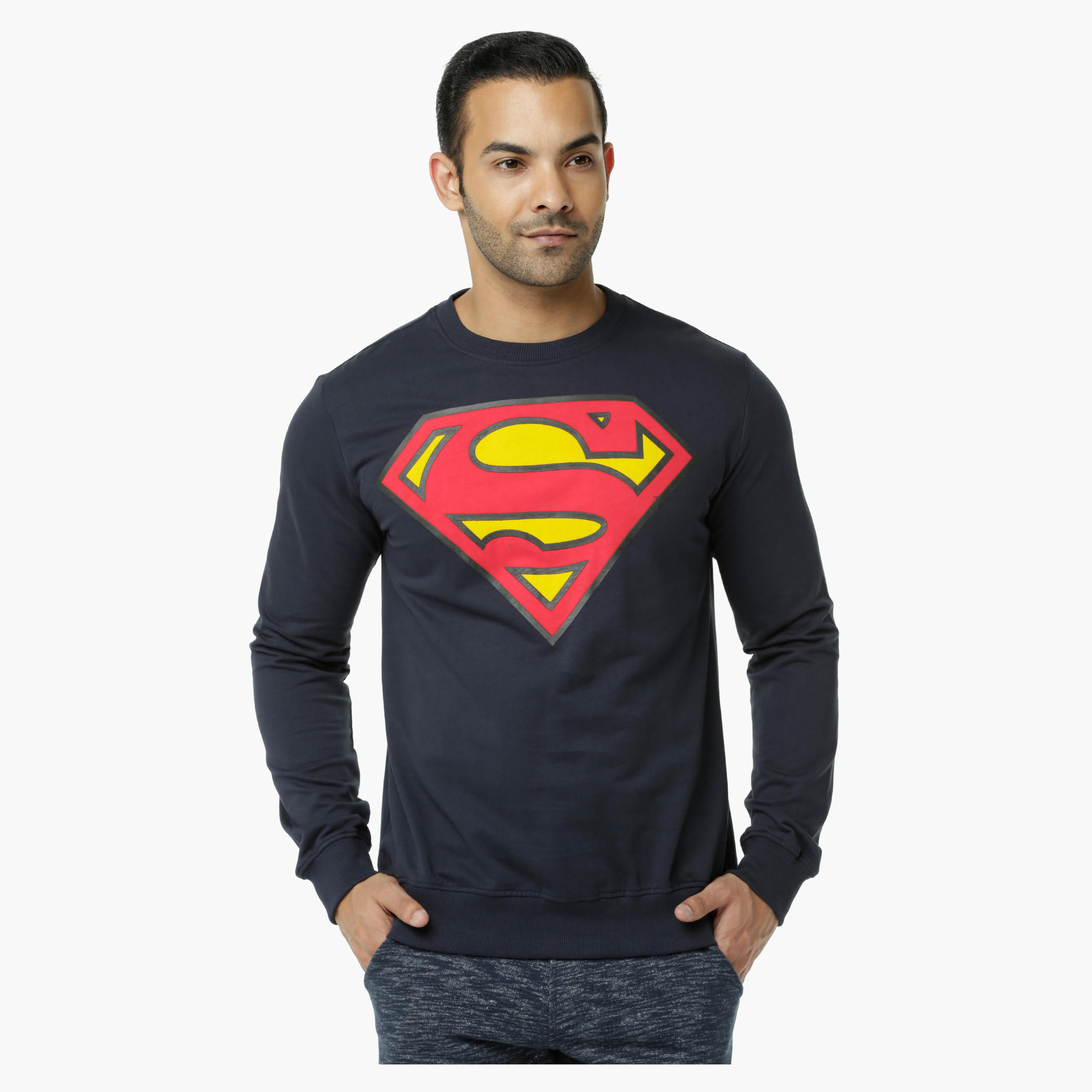 Superman Printed Crew Neck T-Shirt with Long Sleeves-men-winterwear-hoodiesandsweatshirts-image-1