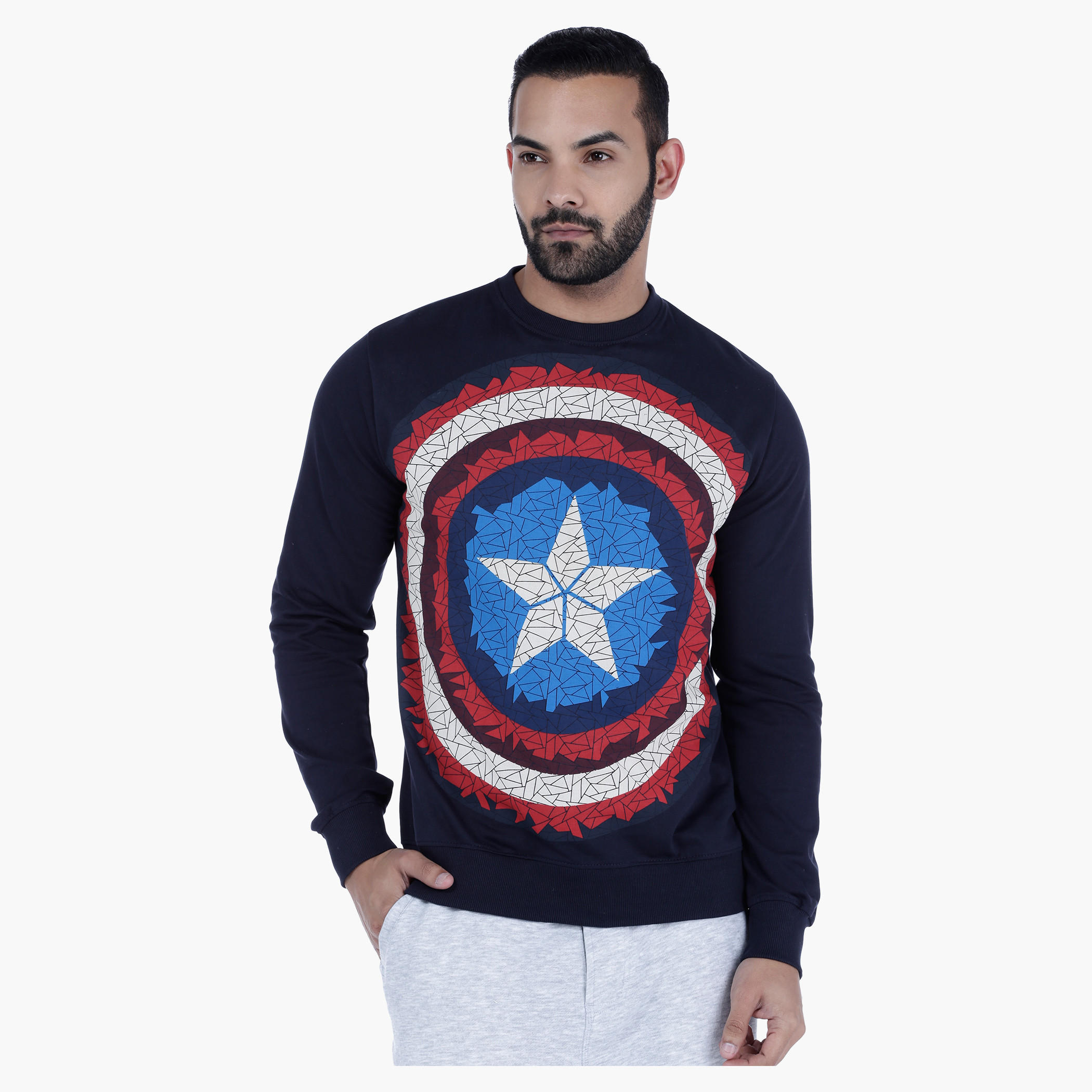Captain America Printed Crew Neck Sweatshirt with Long Sleeves-men-winterwear-hoodiesandsweatshirts-image-1