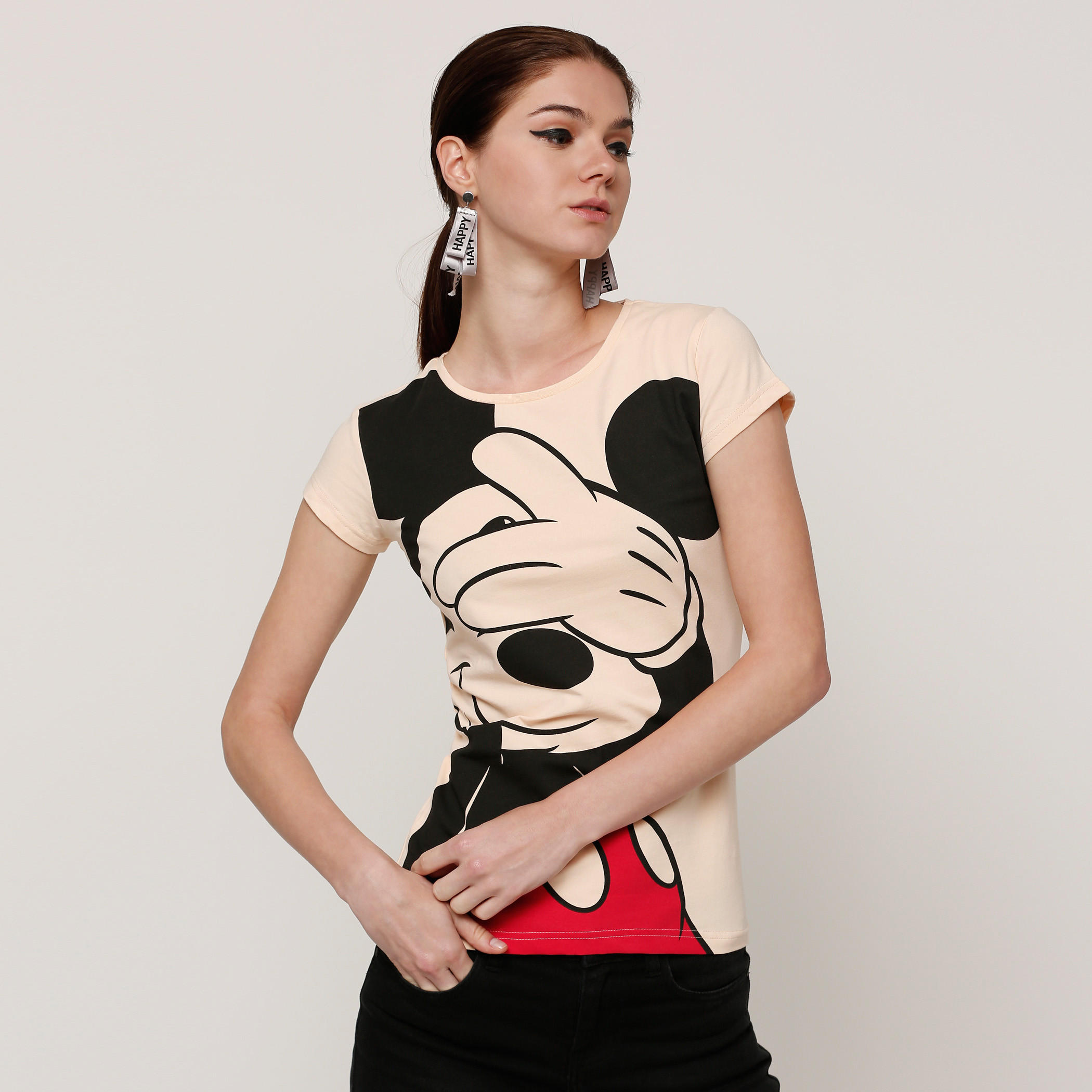 Mickey Mouse Printed Round Neck T-Shirt with Cap Sleeves-women-clothing-tshirts-image-1