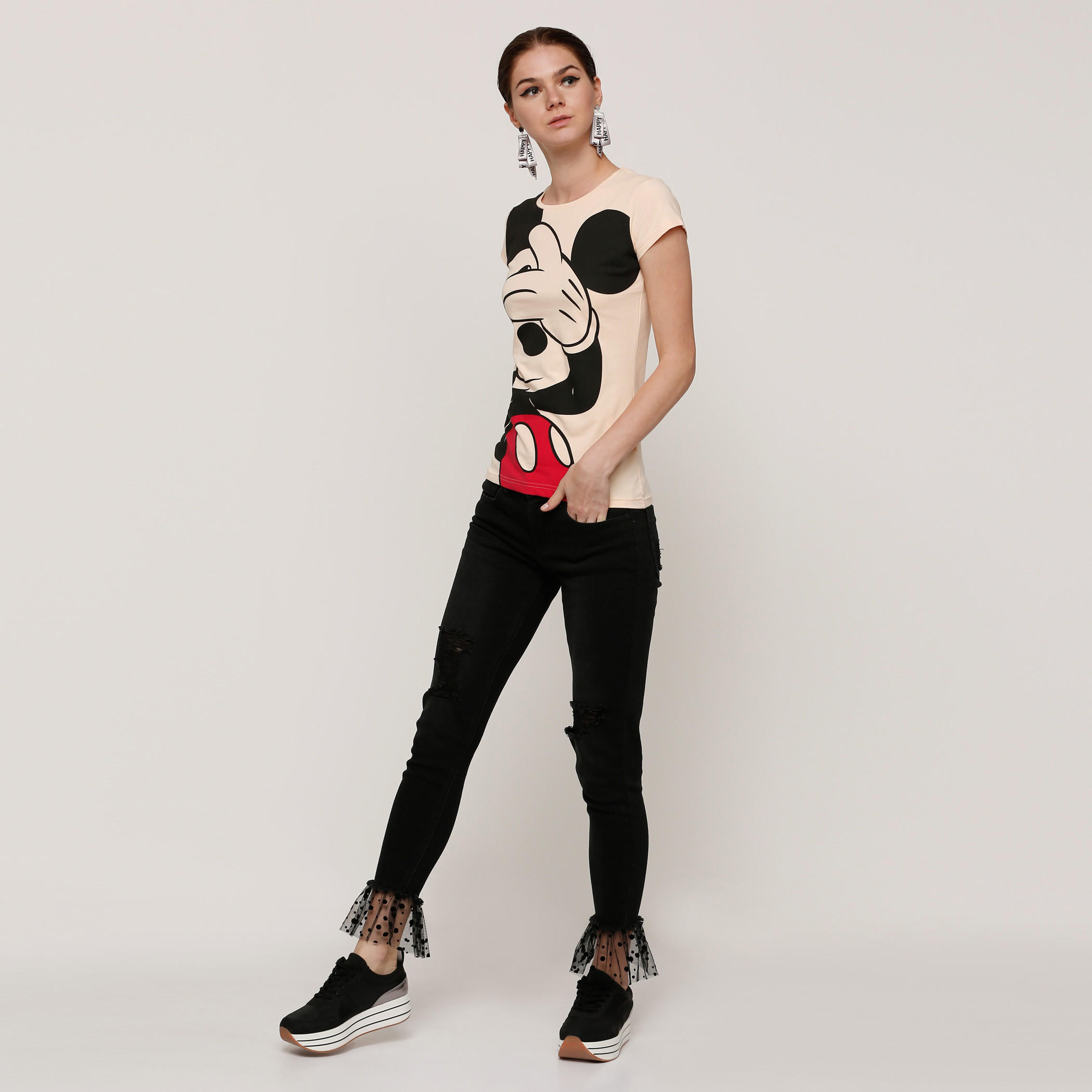 Mickey Mouse Printed Round Neck T-Shirt with Cap Sleeves-women-clothing-tshirts-image-5