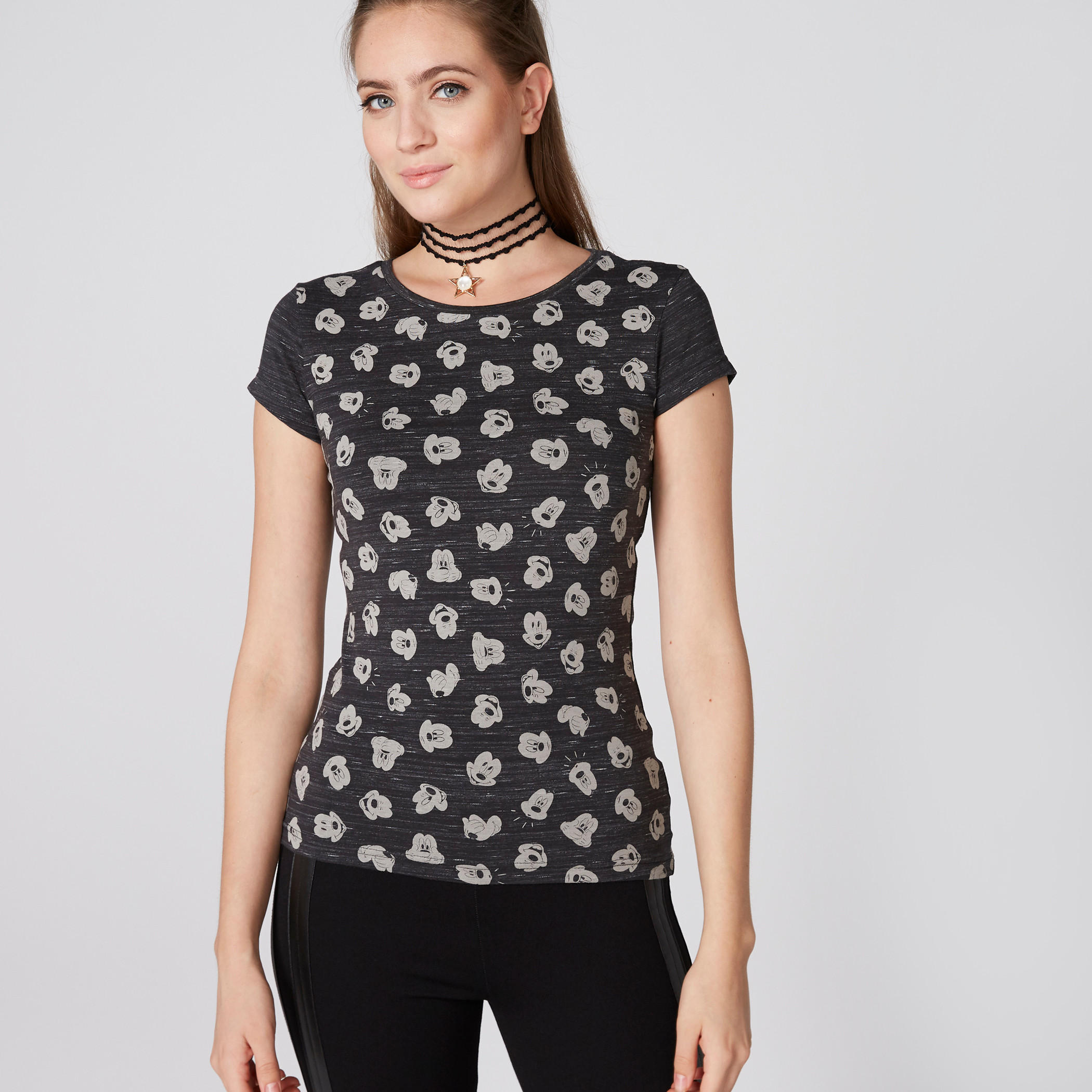 Mickey Mouse Printed T-Shirt with Round Neck and Cap Sleeves-women-clothing-tshirts-image-1