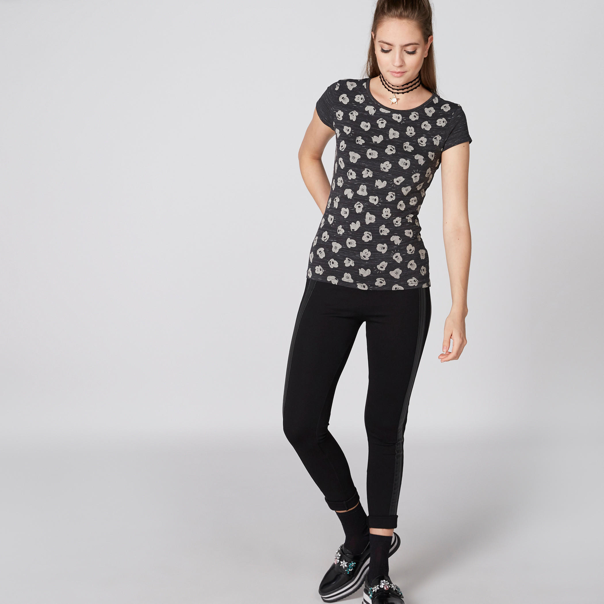 Mickey Mouse Printed T-Shirt with Round Neck and Cap Sleeves-women-clothing-tshirts-image-3