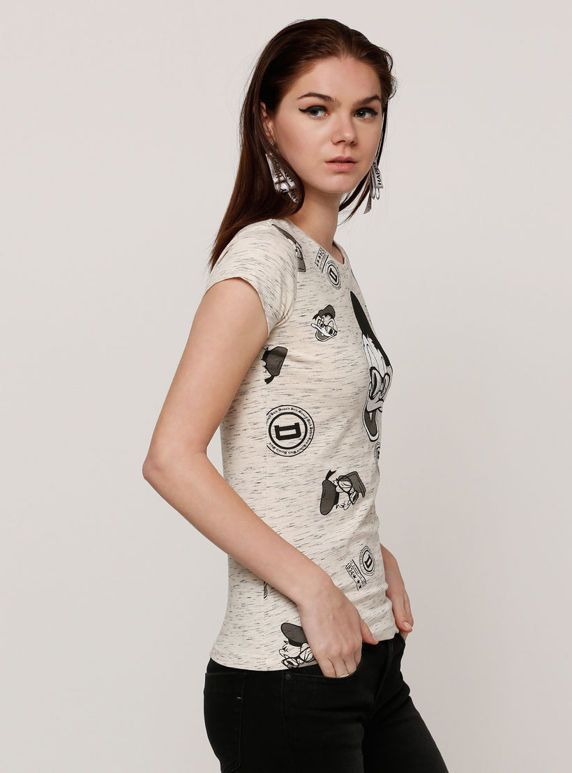 تيشيرت بأكمام كاب وياقة مستديرة وطبعات دونالد داك-women-clothing-tshirts-image-3