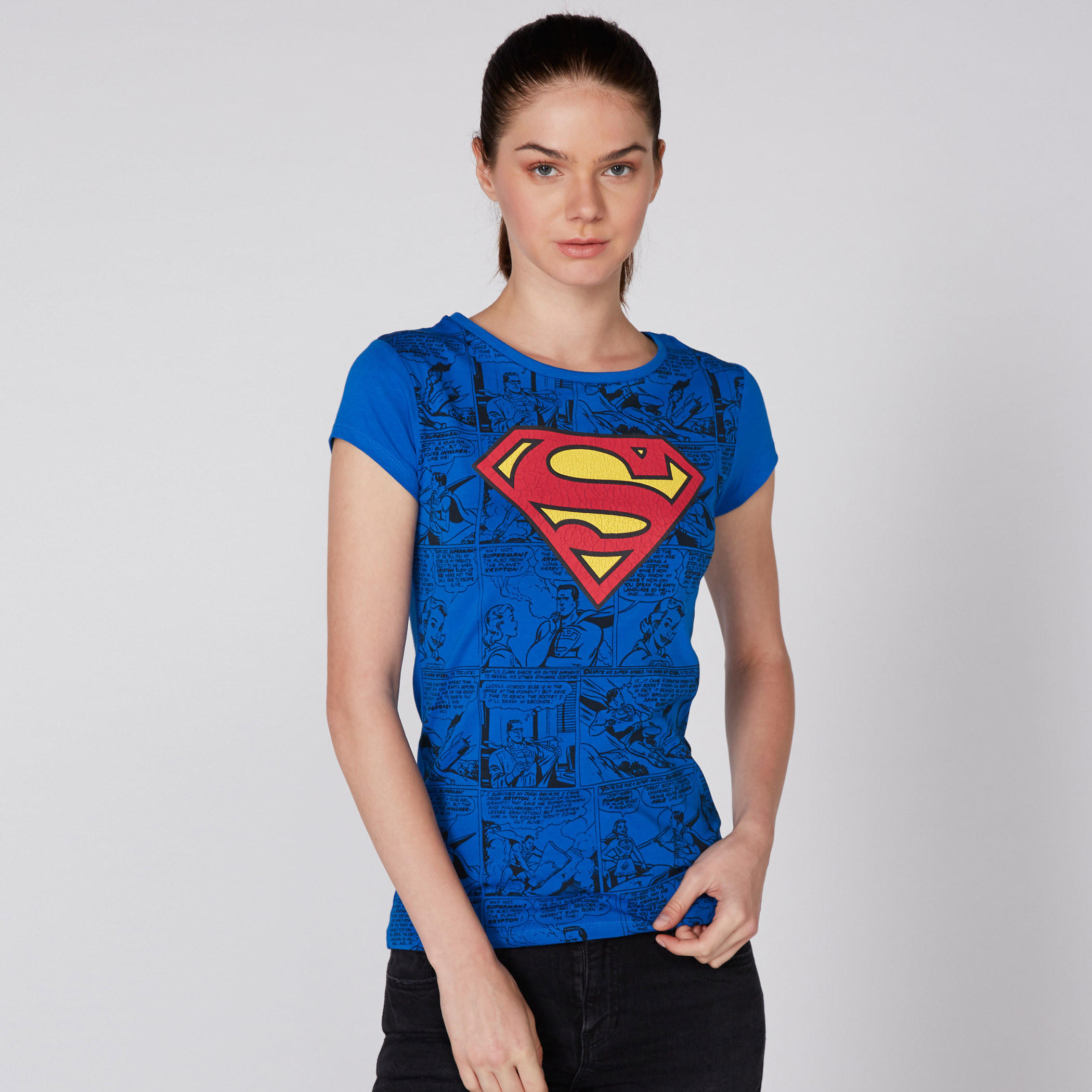Superman Printed T-Shirt with Round Neck and Cap Sleeves-women-clothing-tshirts-image-1