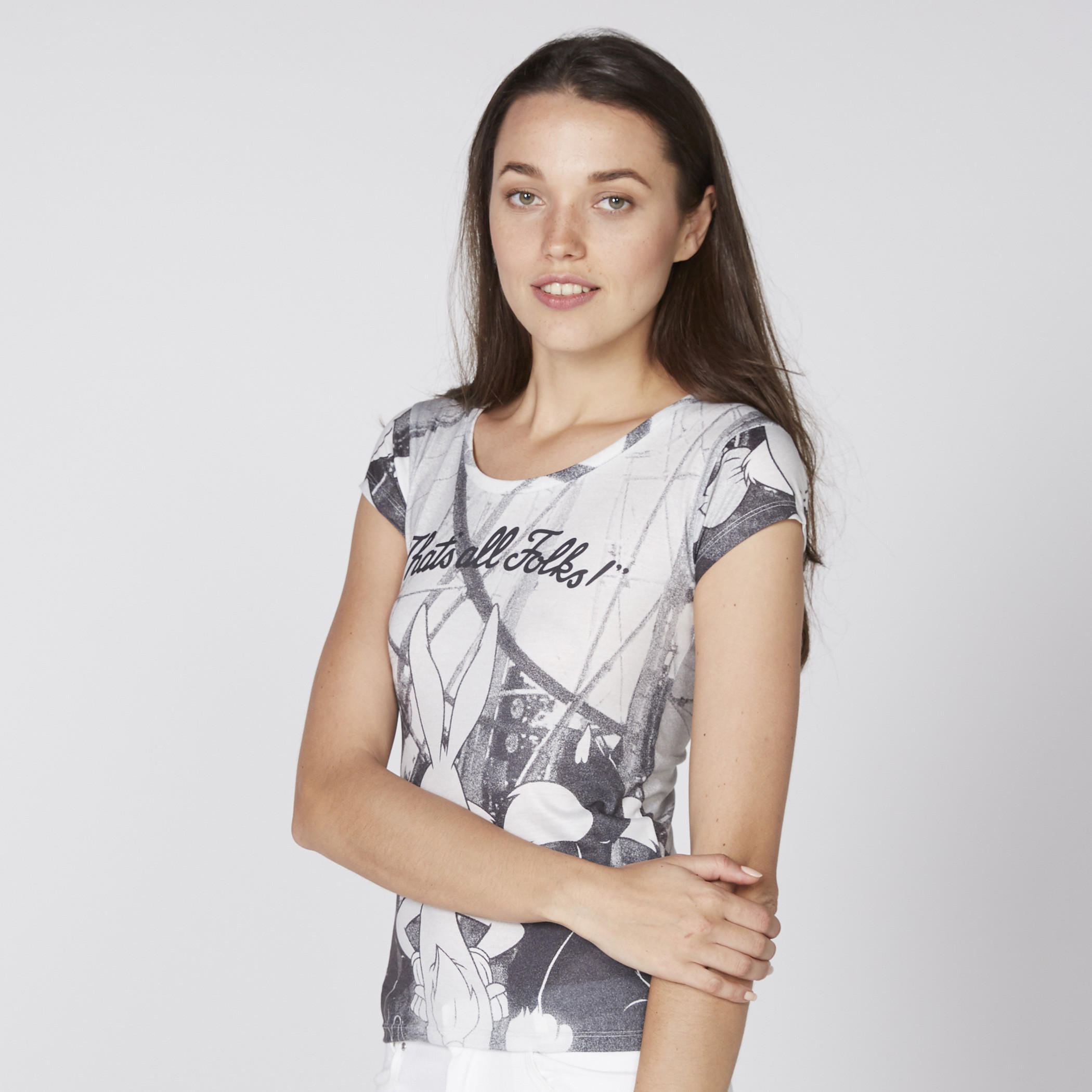 تيشيرت بأكمام كاب وياقة مستديرة ونقش لوني تيونز-women-clothing-tshirts-image-1