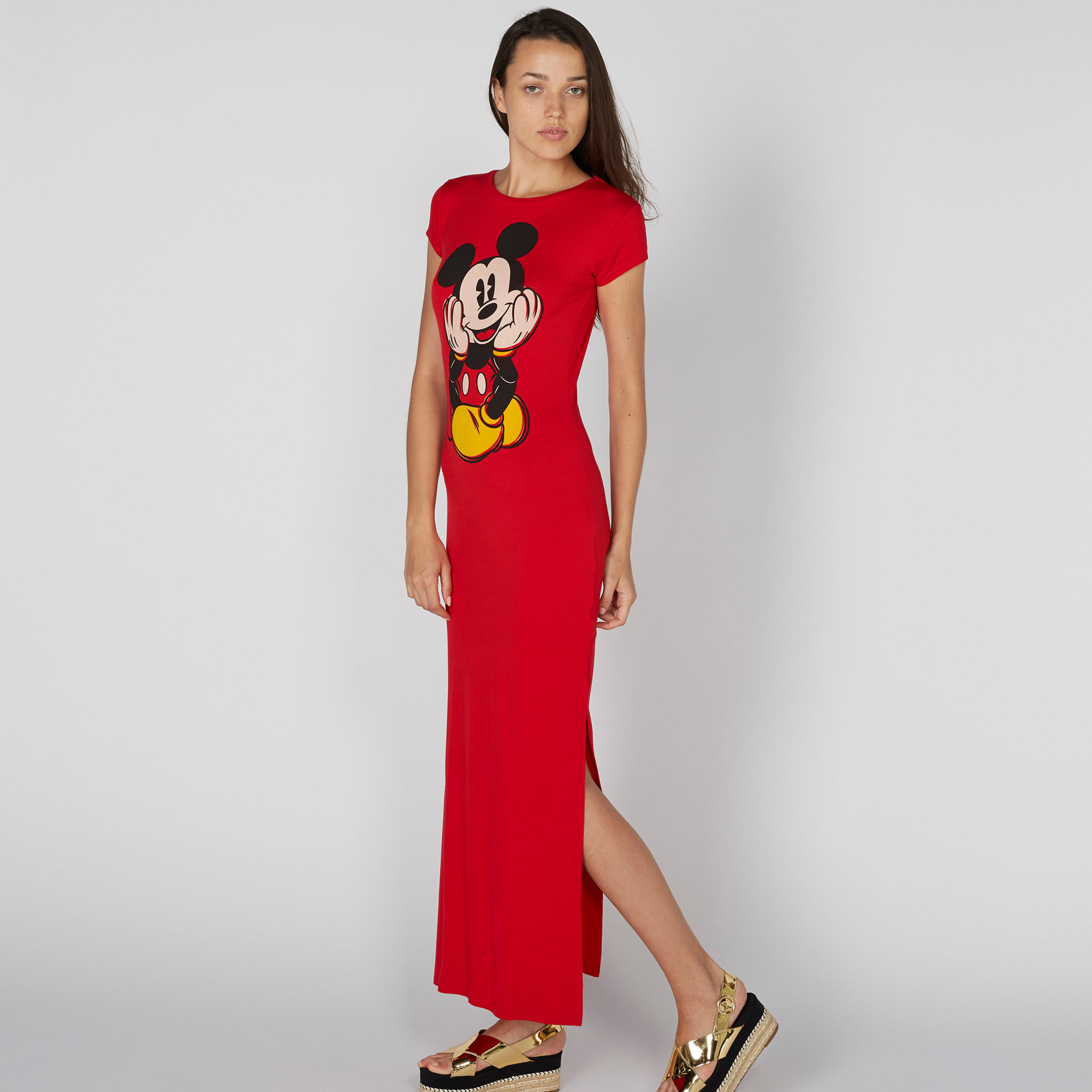 فستان طويل بياقة مستديرة وأكمام كاب وطبعات ميكي ماوس-women-clothing-dresses-image-1