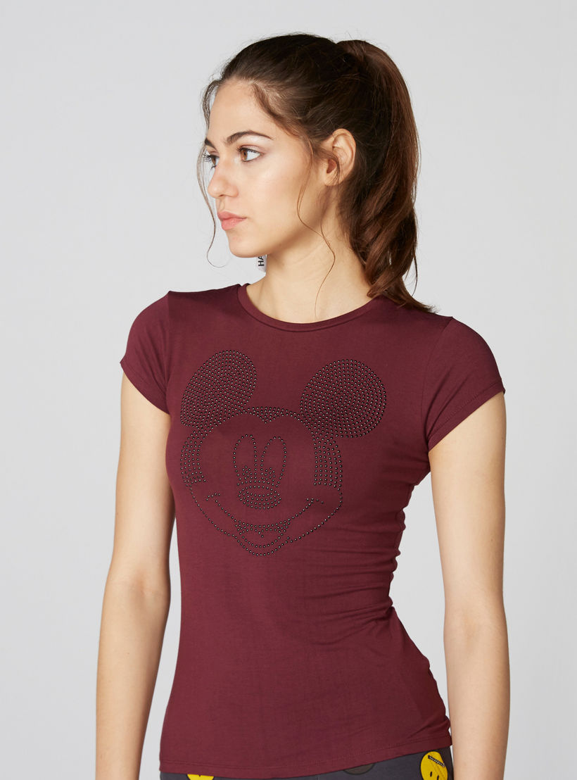 تيشيرت بأكمام كاب وياقة مستديرة بتزيينات ميكي ماوس-women-clothing-tshirts-image-1