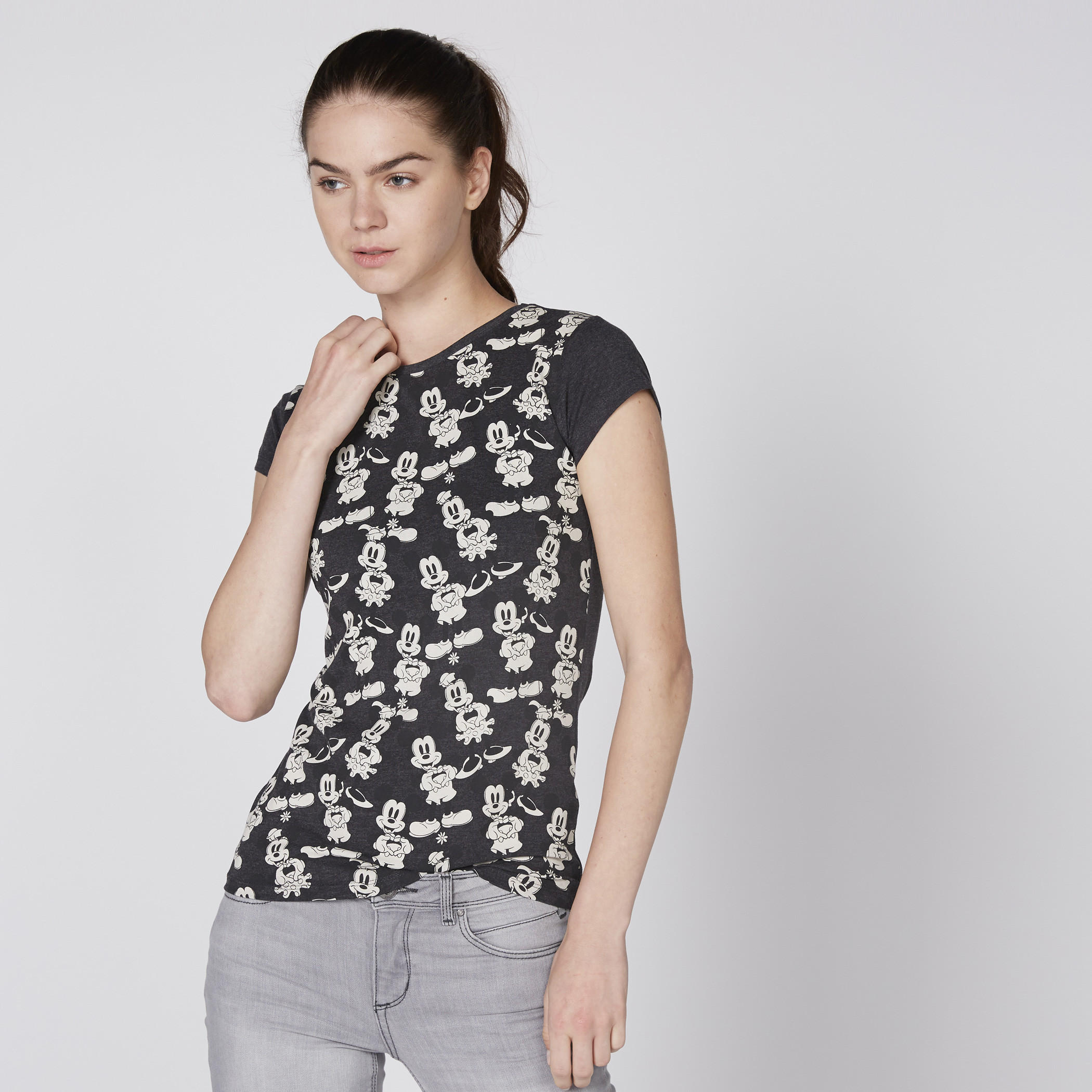 Mickey Mouse Printed T-Shirt with Round Neck and Cap Sleeves-women-clothing-tshirts-image-2