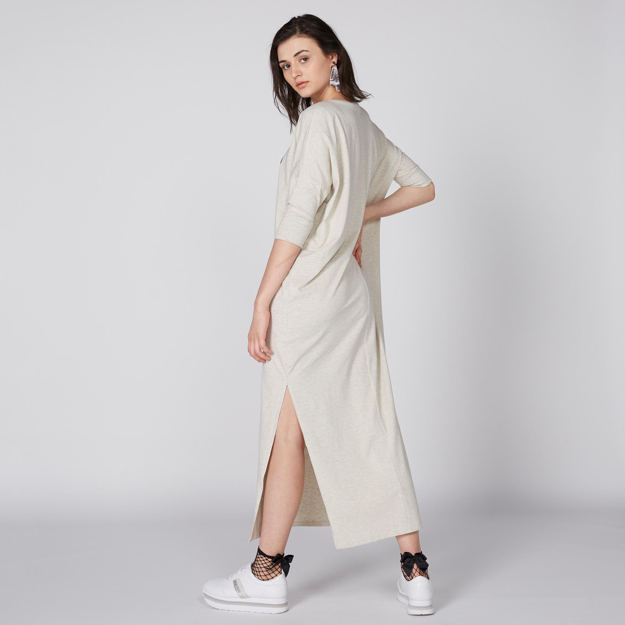 فستان طويل بأكمام 3/4 وفتحة جانبية وطبعات ميني ماوس-women-clothing-dresses-image-2