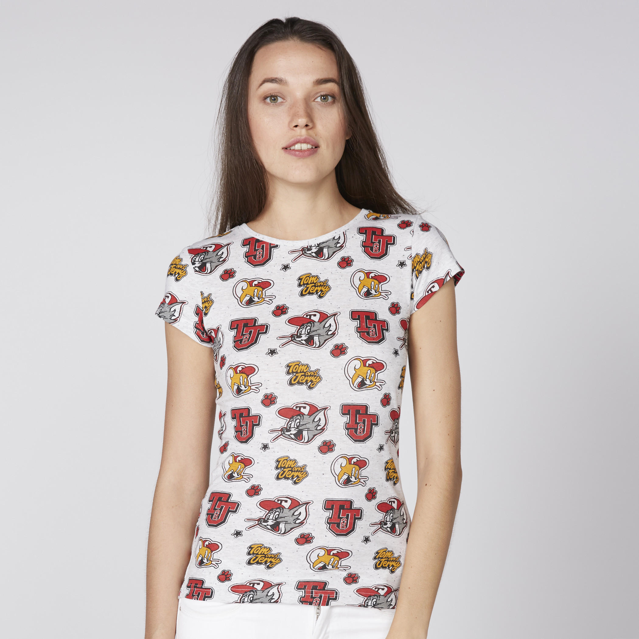 تيشيرت بياقة مستديرة وأكمام كاب وطبعة توم أند جيري-women-clothing-tshirts-image-1