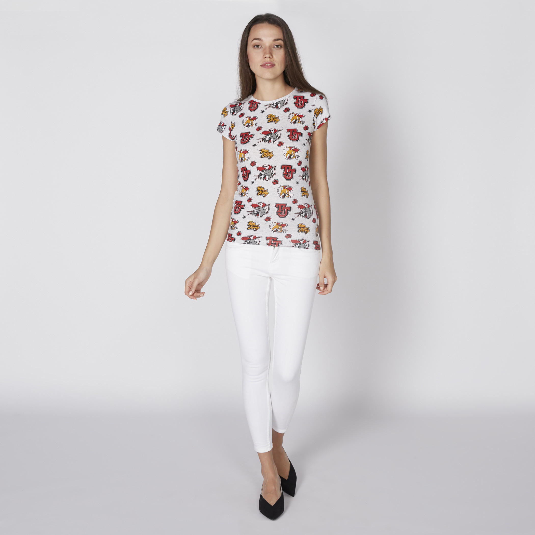 تيشيرت بياقة مستديرة وأكمام كاب وطبعة توم أند جيري-women-clothing-tshirts-image-2