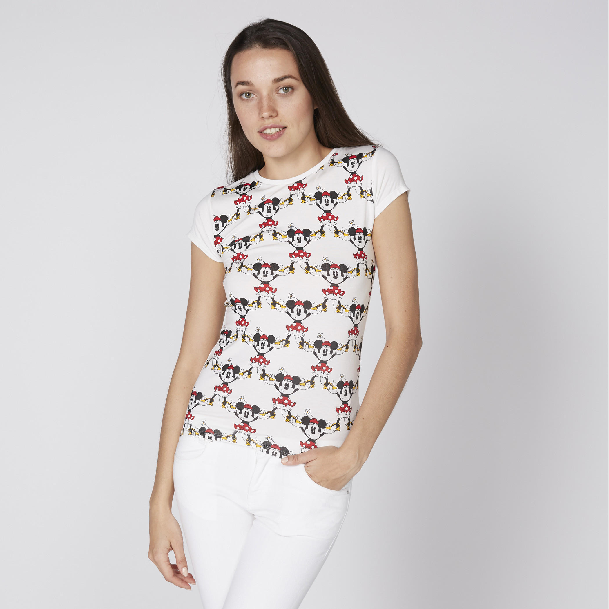 تيشيرت بأكمام كاب وياقة مستديرة بطبعات ميكي ماوس-women-clothing-tshirts-image-1