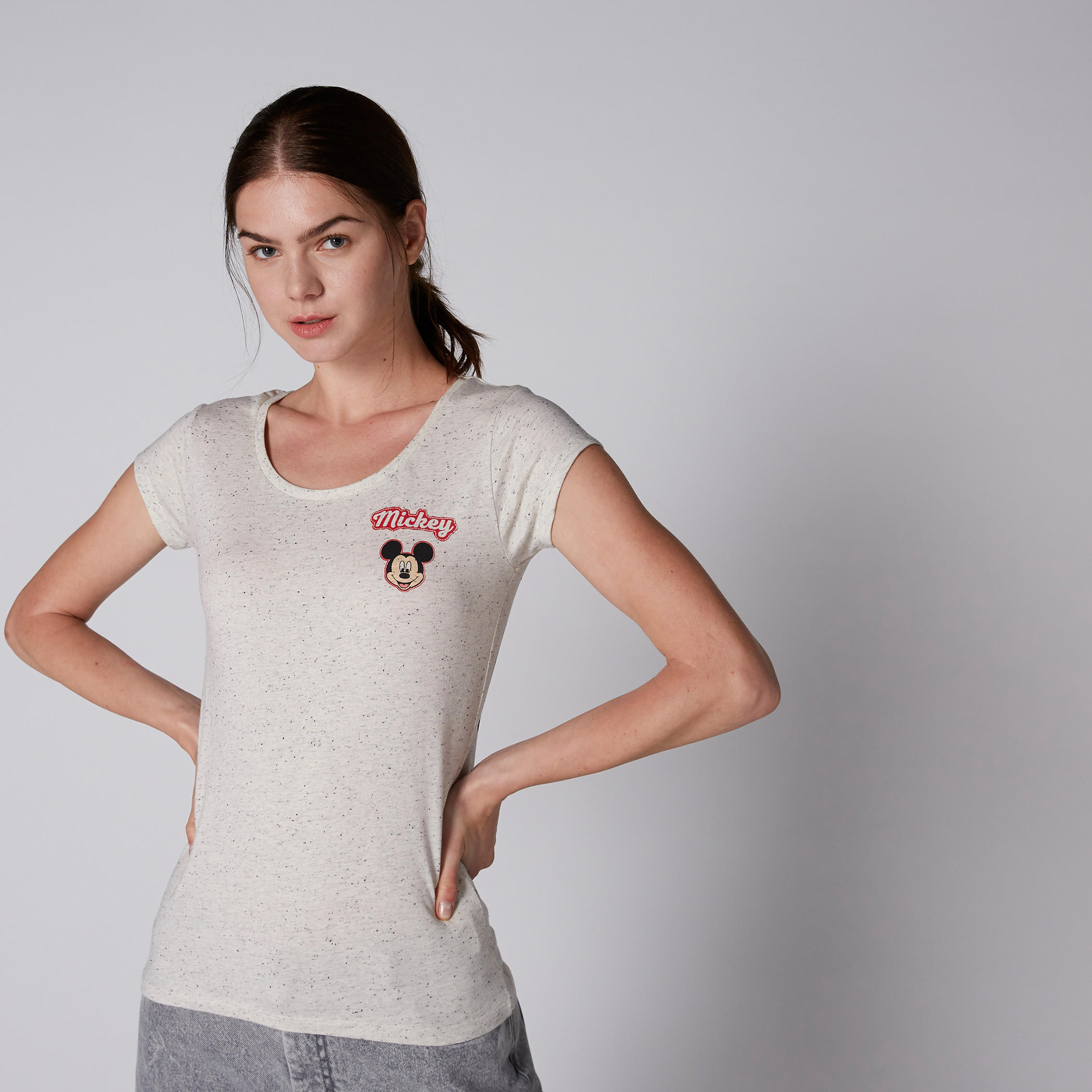 Mickey Mouse Printed Cap Sleeves T-Shirt with Round Neck-women-clothing-tshirts-image-2