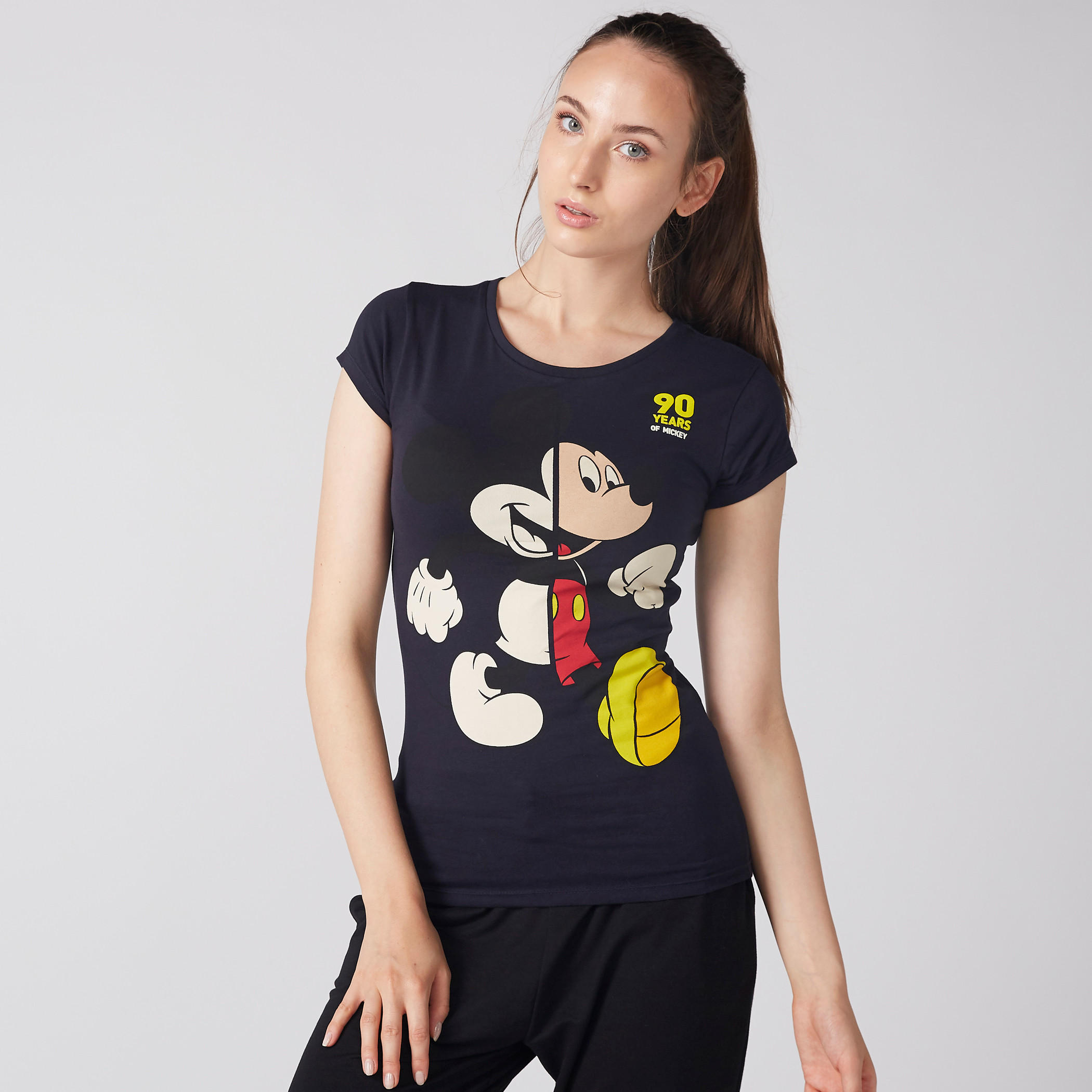 Mickey Mouse Printed T-Shirt with Round Neck and Cap Sleeves-women-clothing-tshirts-image-1
