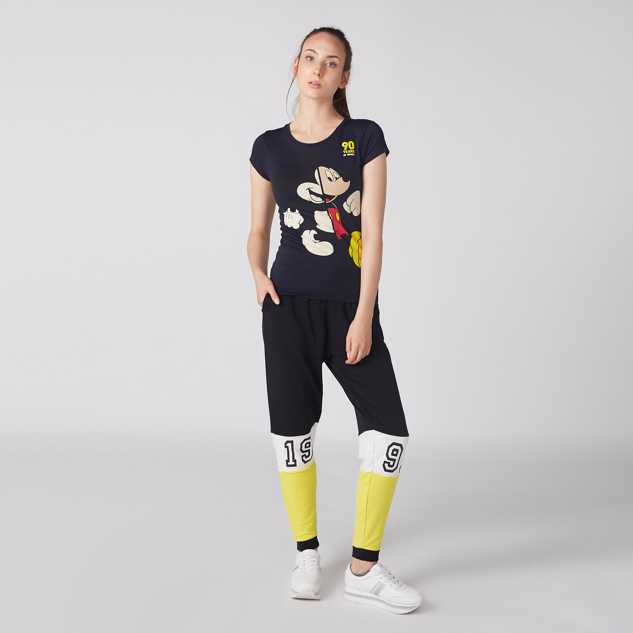 Mickey Mouse Printed T-Shirt with Round Neck and Cap Sleeves-women-clothing-tshirts-image-3