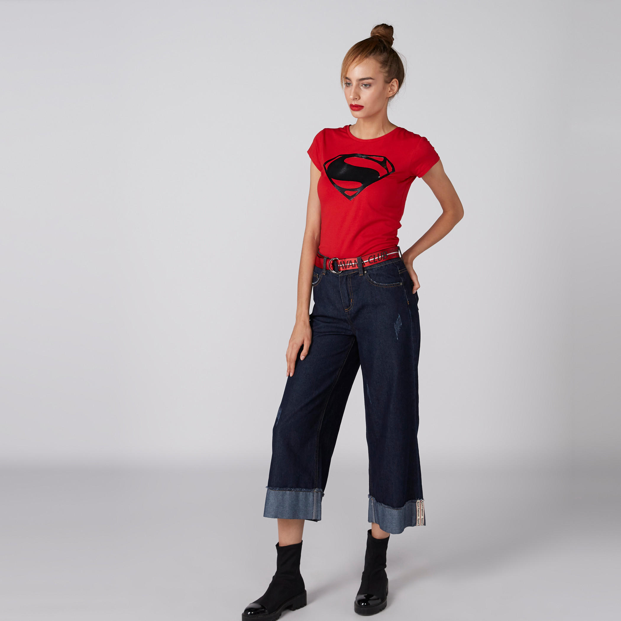 Super-Man Printed T-Shirt with Round Neck and Cap Sleeves-women-clothing-shirtsandblouses-shirts-image-3