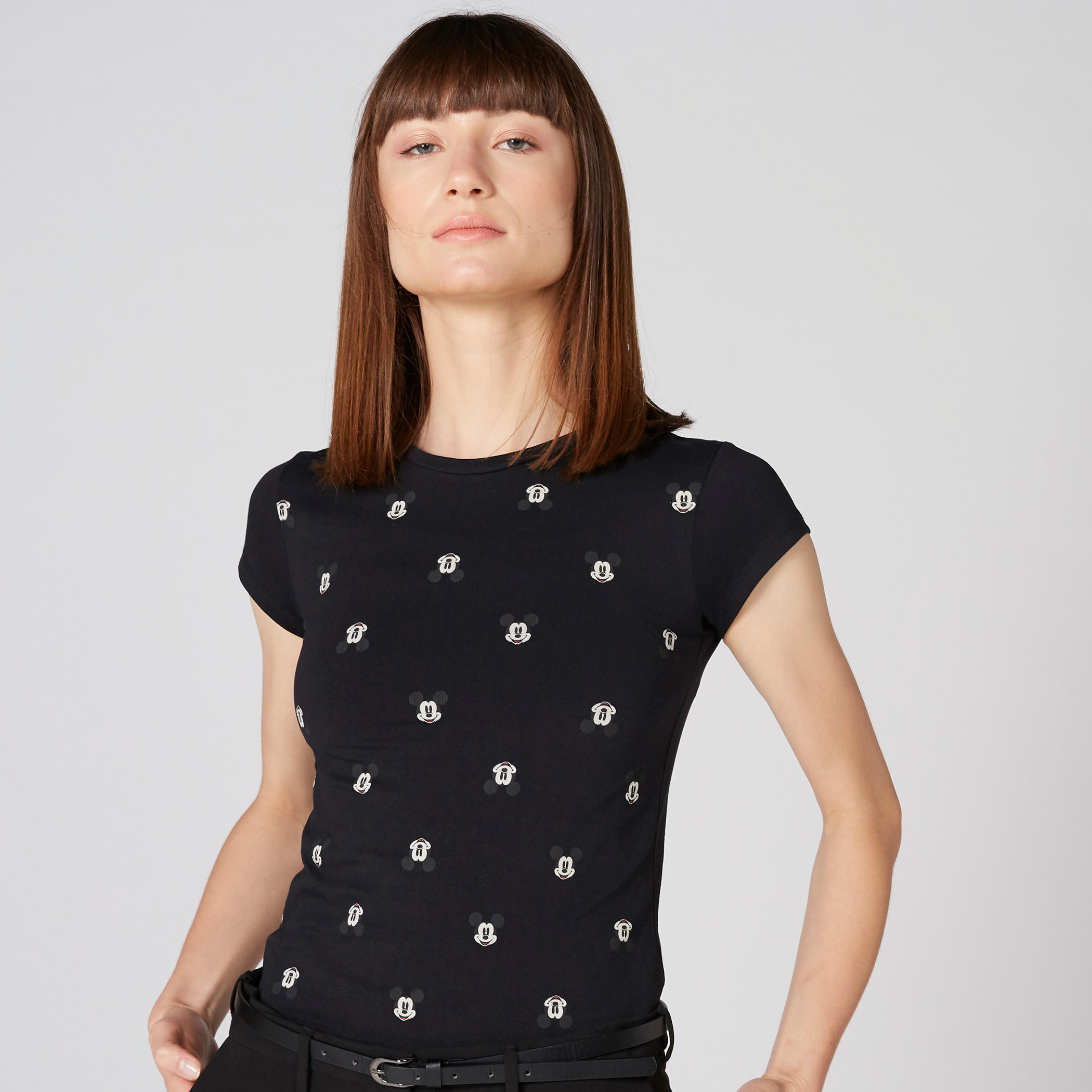 Mickey Mouse Printed T-Shirt with Round Neck and Cap Sleeves-women-clothing-tshirts-image-3