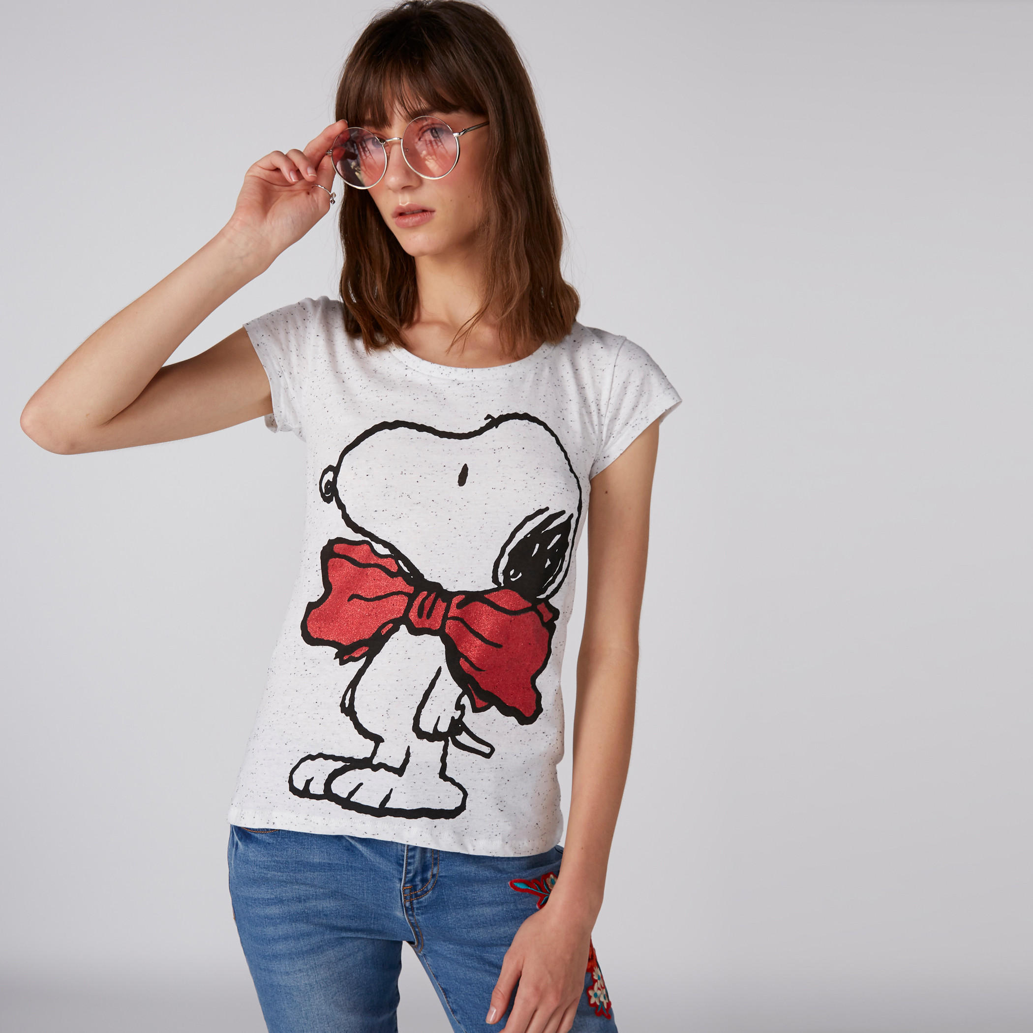 Snoopy Printed T-Shirt with Crew Neck and Cap Sleeves-women-clothing-tshirts-image-1