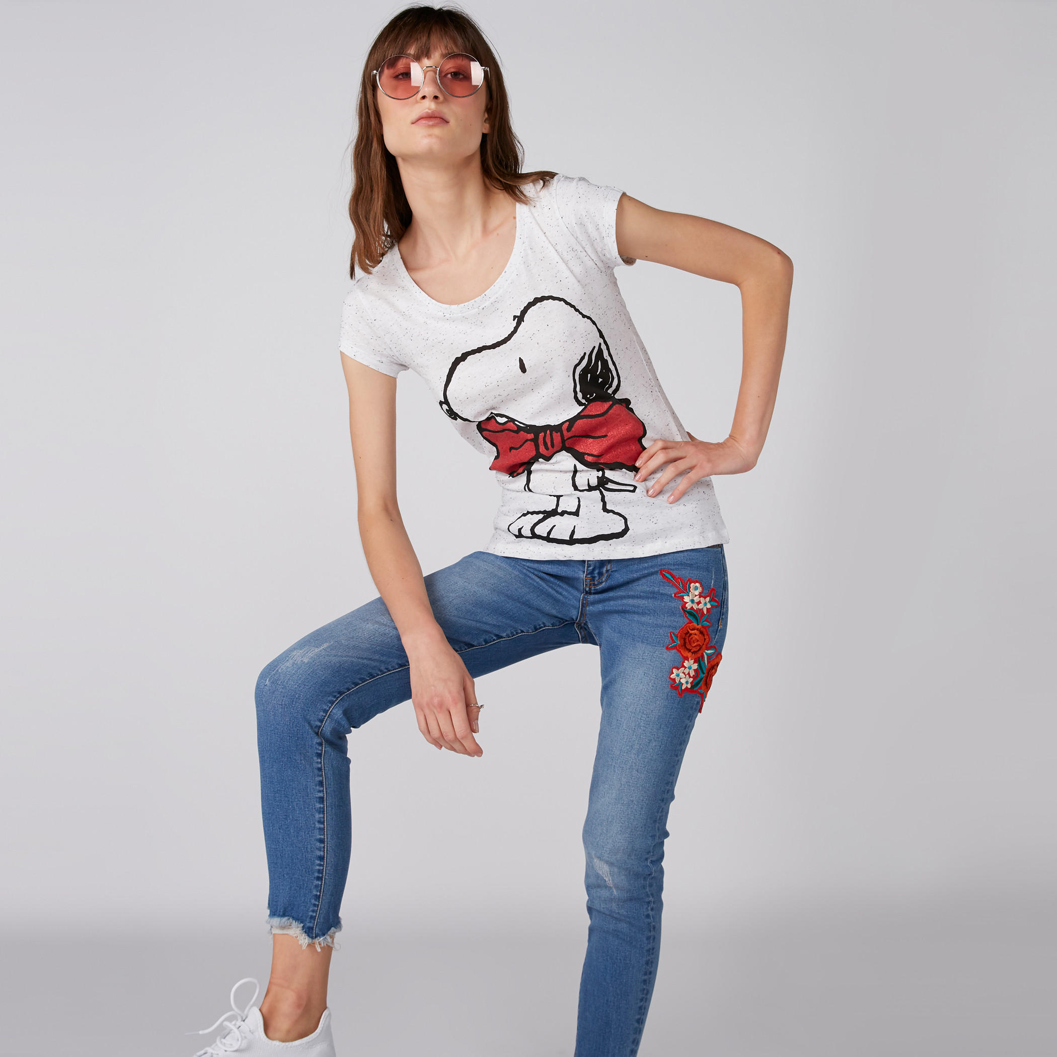 Snoopy Printed T-Shirt with Crew Neck and Cap Sleeves-women-clothing-tshirts-image-3