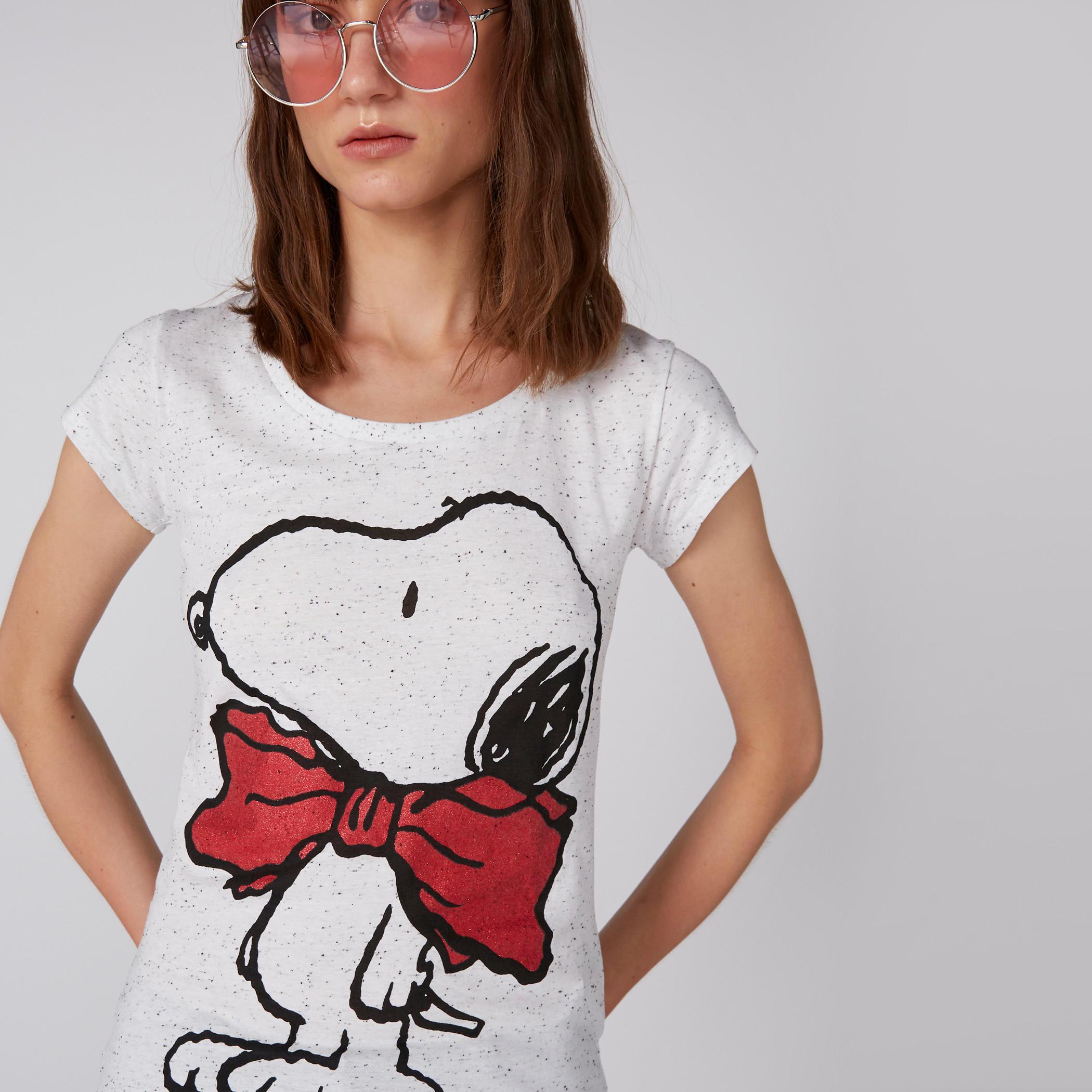 Snoopy Printed T-Shirt with Crew Neck and Cap Sleeves-women-clothing-tshirts-image-4