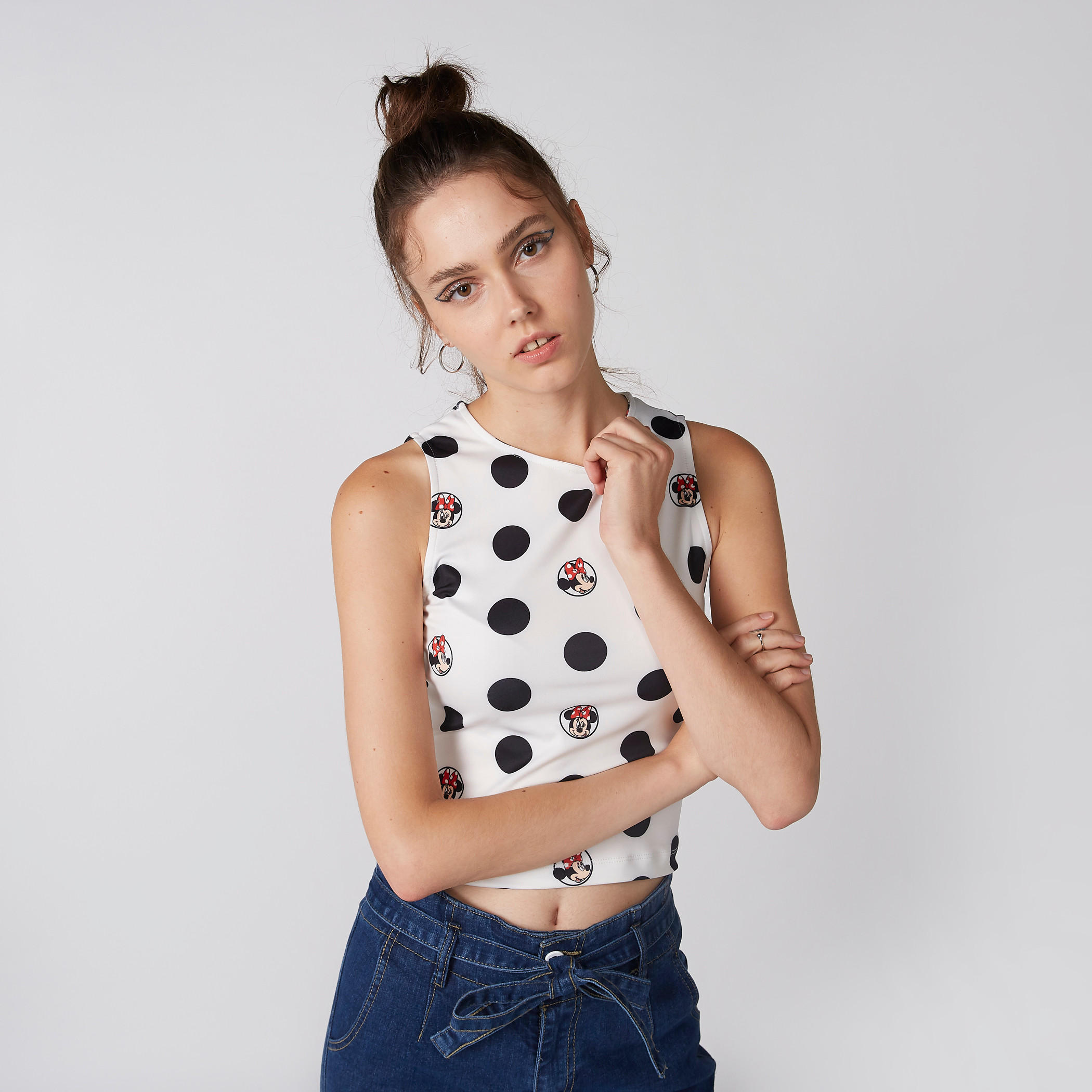 Minnie Mouse Printed Sleeveless Crop Top with Round Neck-women-clothing-tshirts-image-1