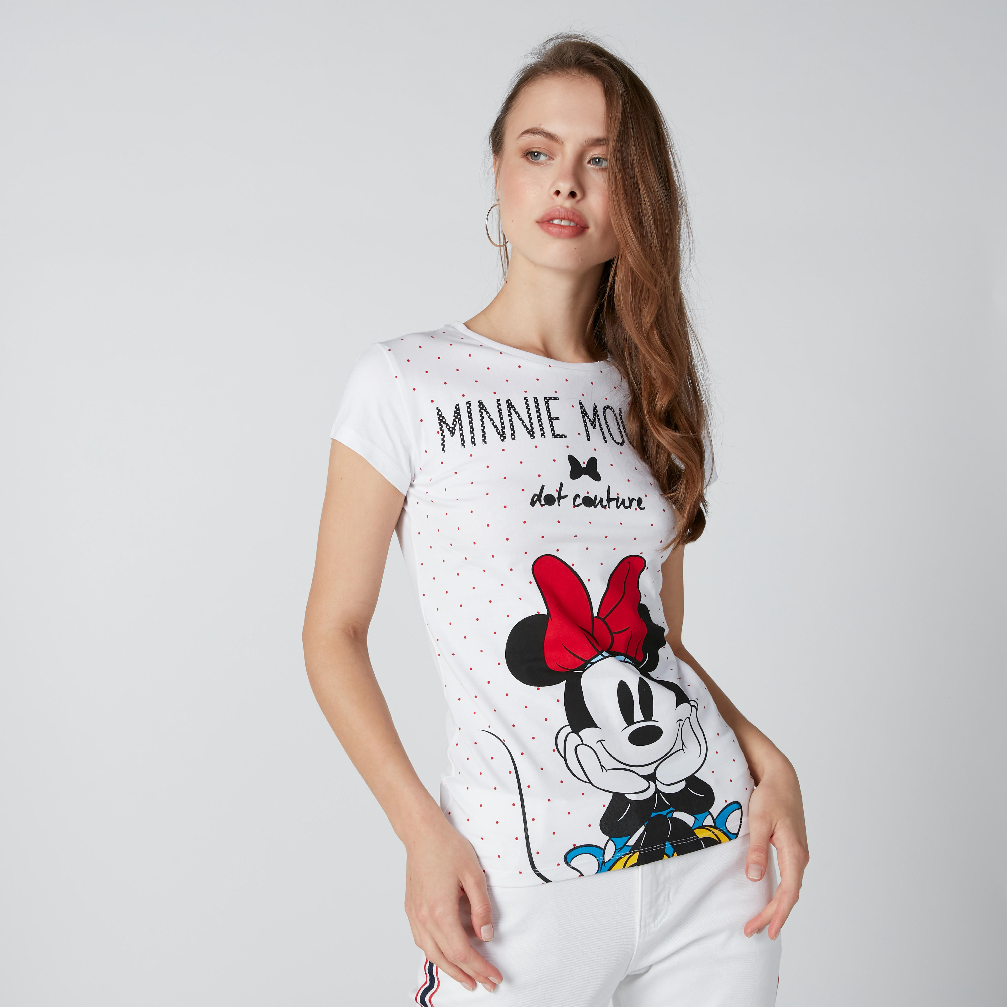 تيشيرت سكيني بياقة مستديرة وأكمام كاب وطبعات ميني ماوس-women-clothing-tshirts-image-1