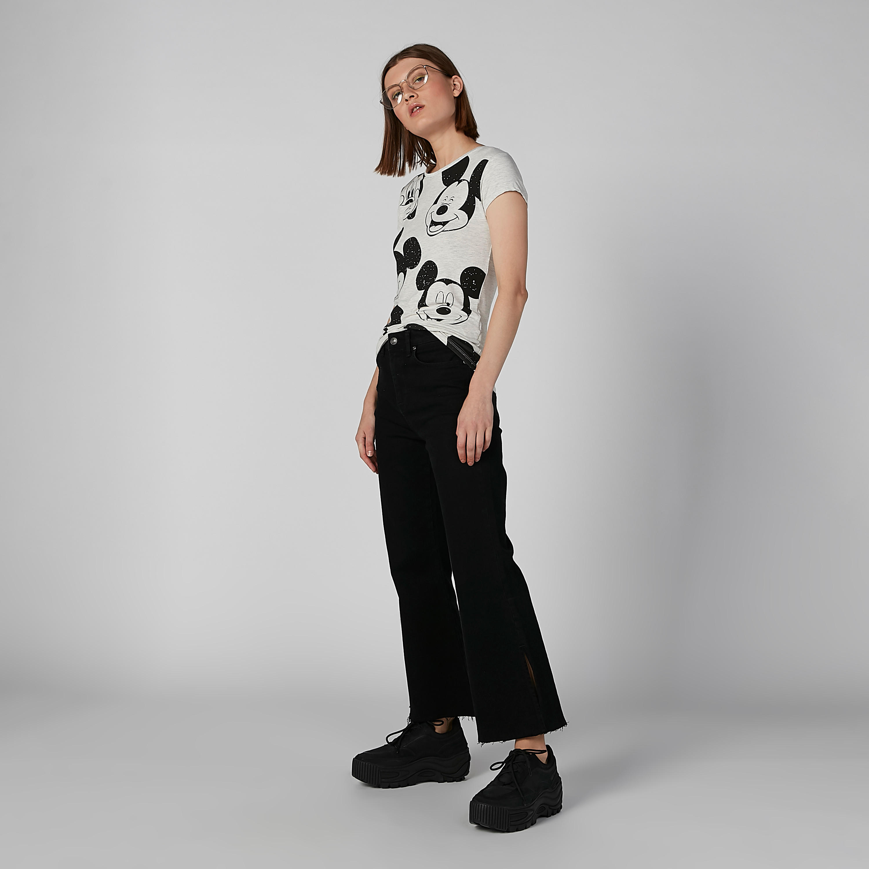 Mickey Mouse Printed T-shirt with Round Neck and Cap Sleeves-women-clothing-tshirts-image-1