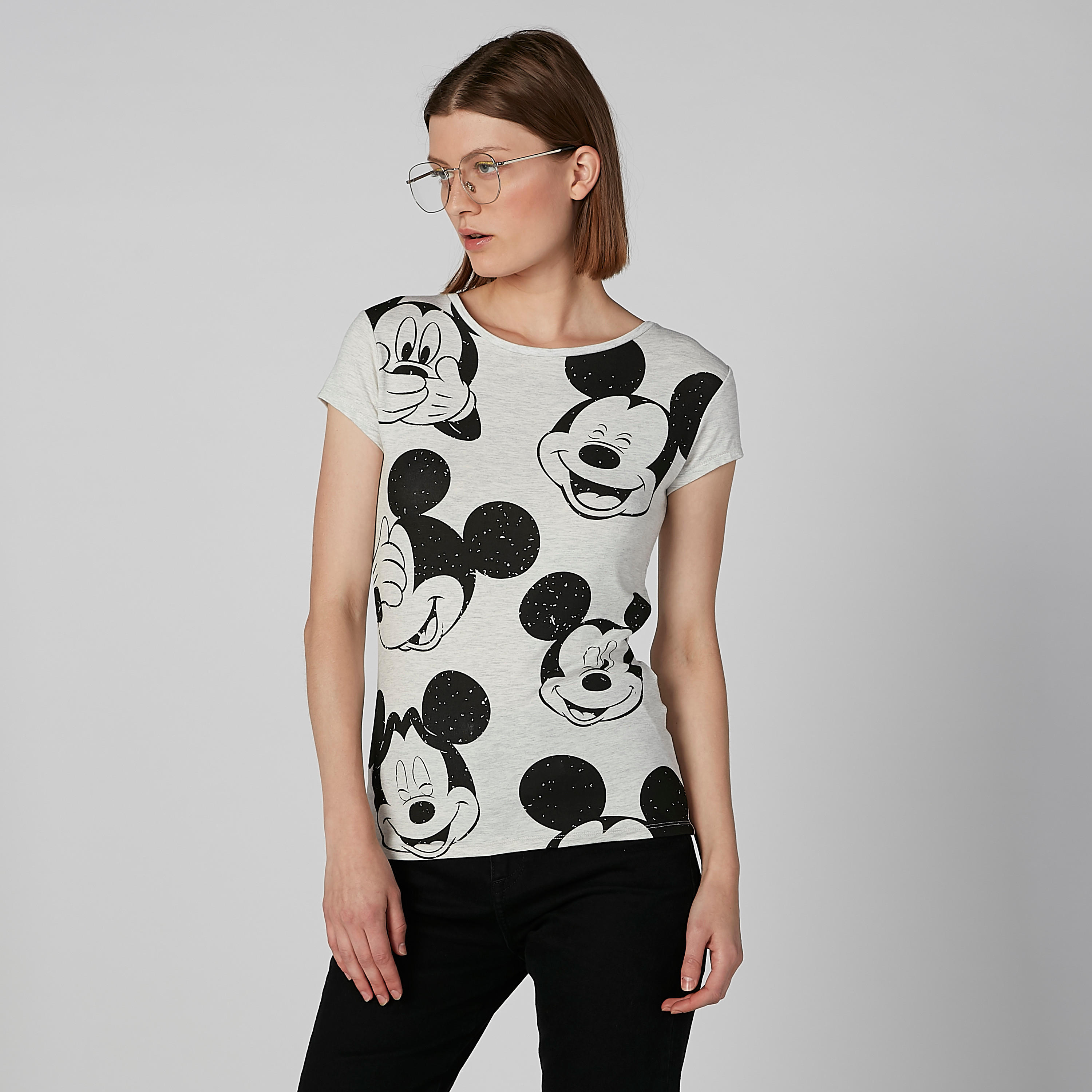 Mickey Mouse Printed T-shirt with Round Neck and Cap Sleeves-women-clothing-tshirts-image-2