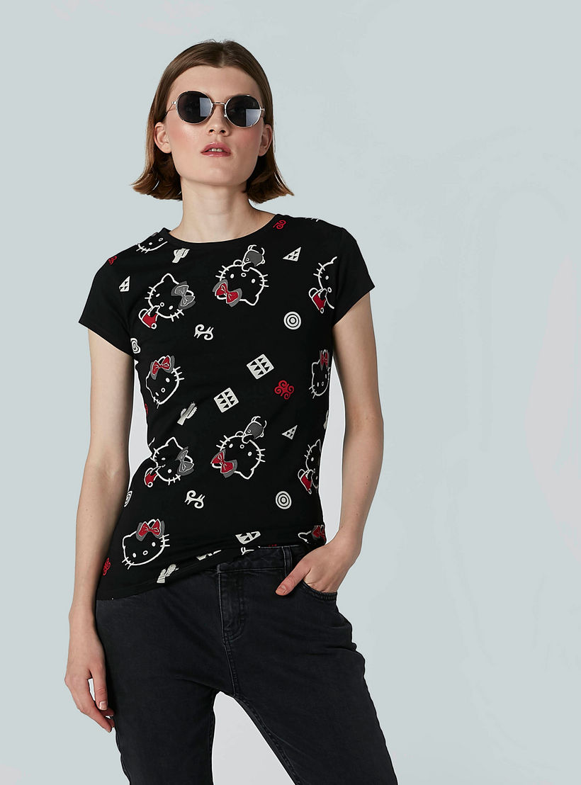 Hello Kitty Printed T-shirt with Cap Sleeves and Round Neck-women-clothing-tshirts-image-1