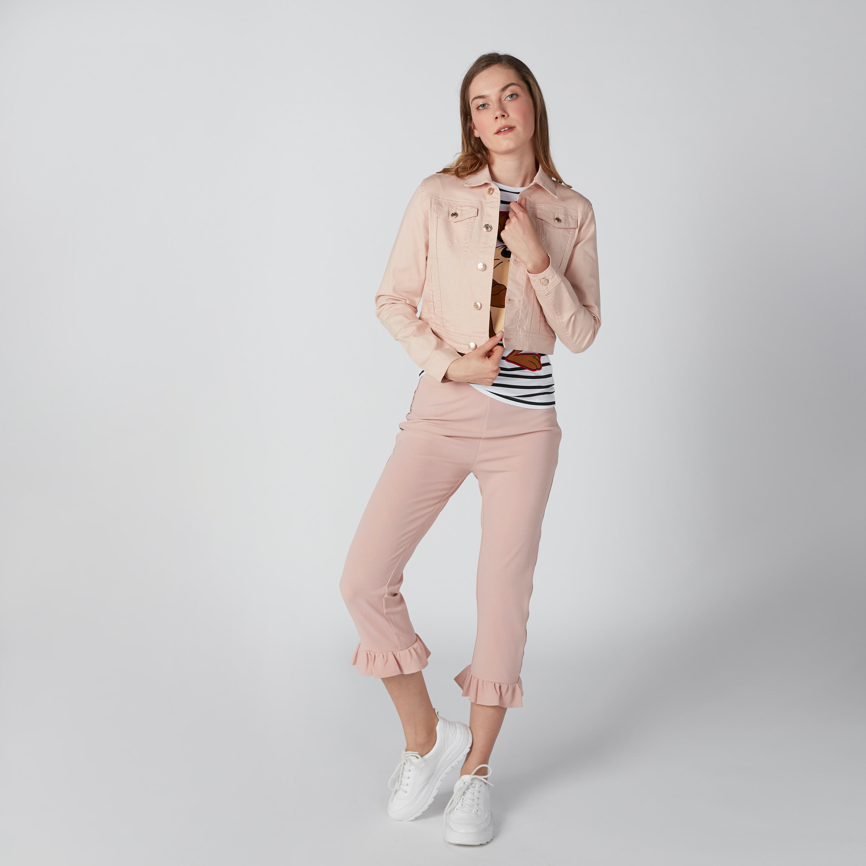 Slim Fit Cropped Trousers with Frilled Hemline and Tape Detail-women-clothing-bottoms-trousers-image-1