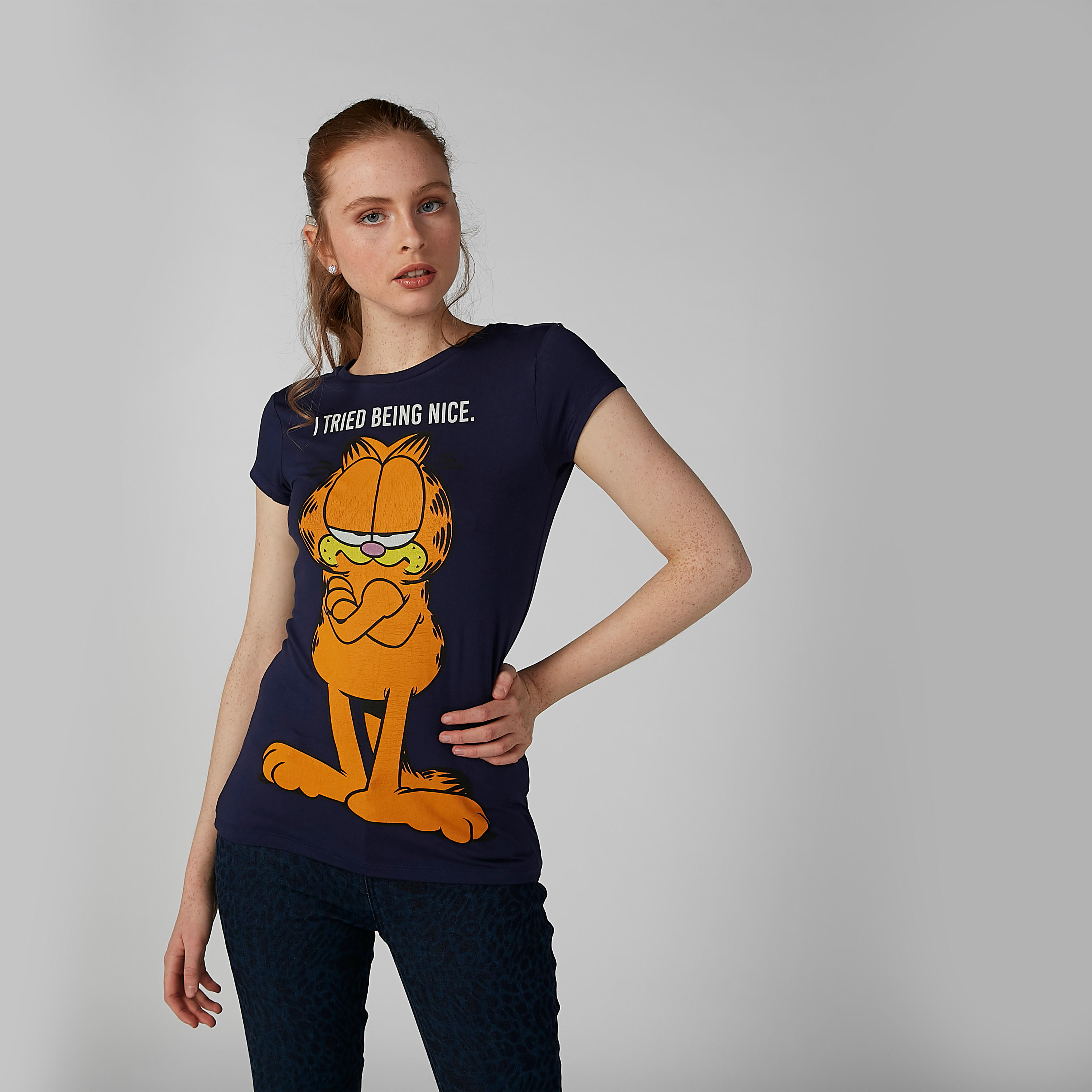 Skinny Fit Garfield Printed T-shirt with Round Neck and Cap Sleeves-women-clothing-tshirts-image-1