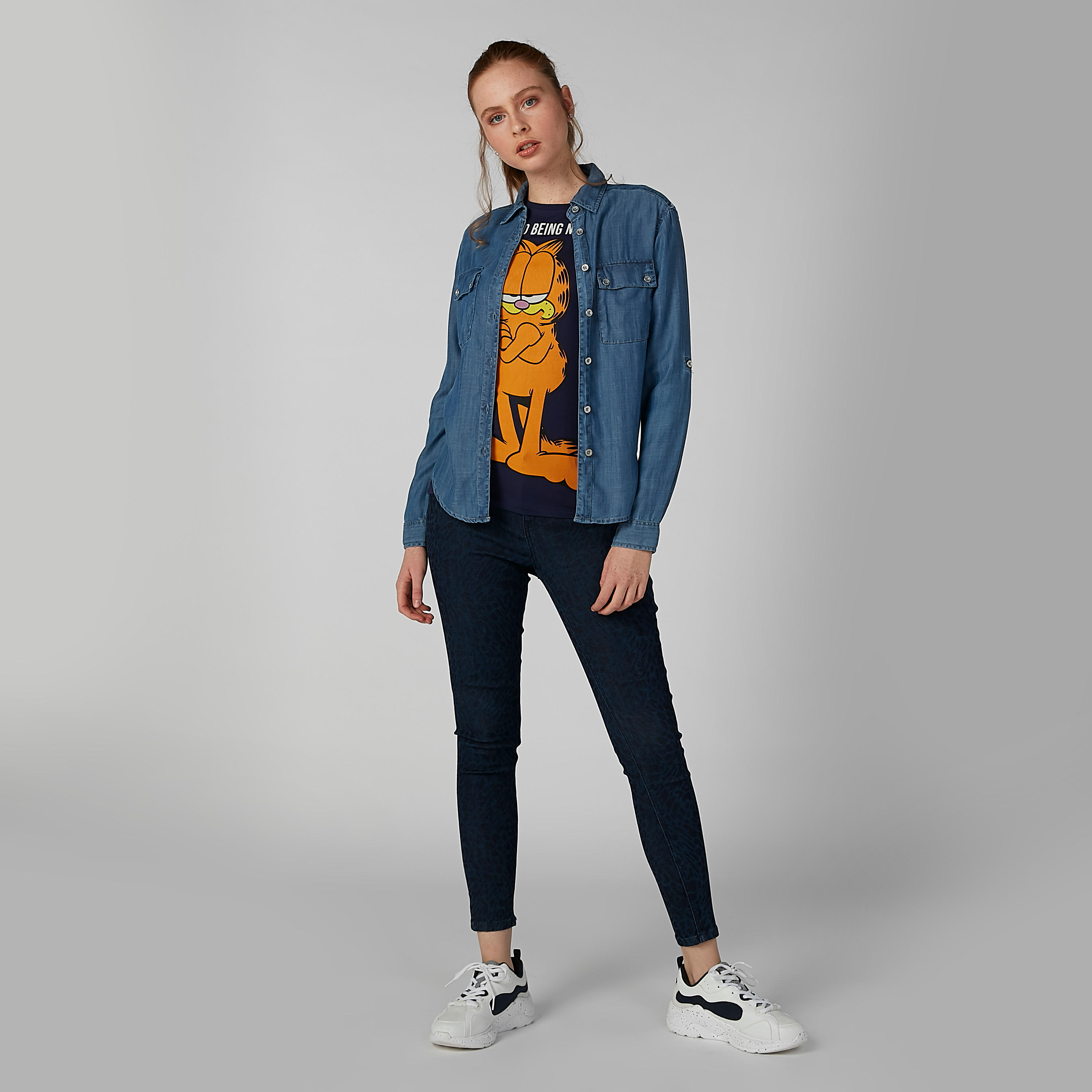 Skinny Fit Garfield Printed T-shirt with Round Neck and Cap Sleeves-women-clothing-tshirts-image-2