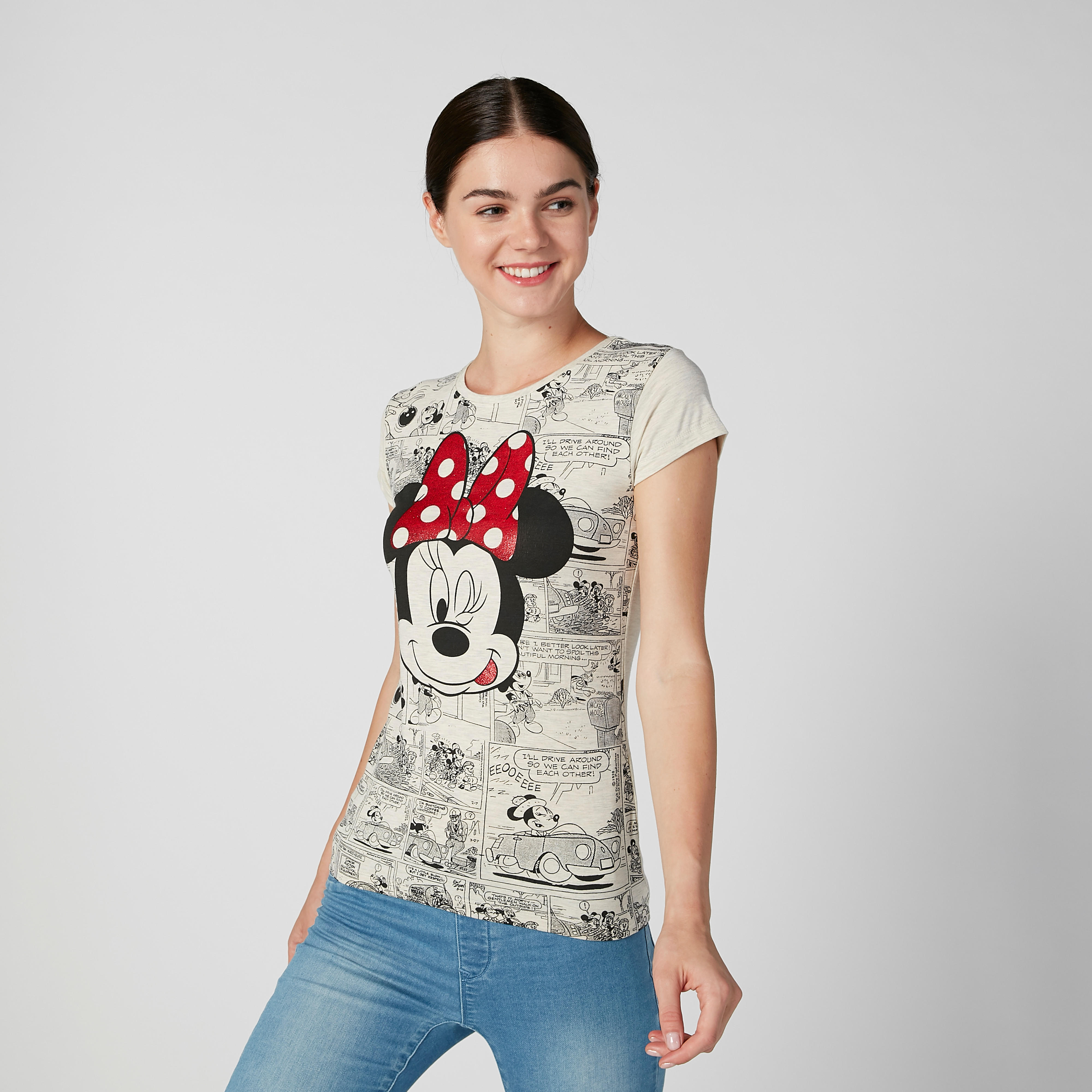Skinny Fit Minnie Mouse Printed Round Neck T-shirt with Cap Sleeves-women-clothing-tshirts-image-1