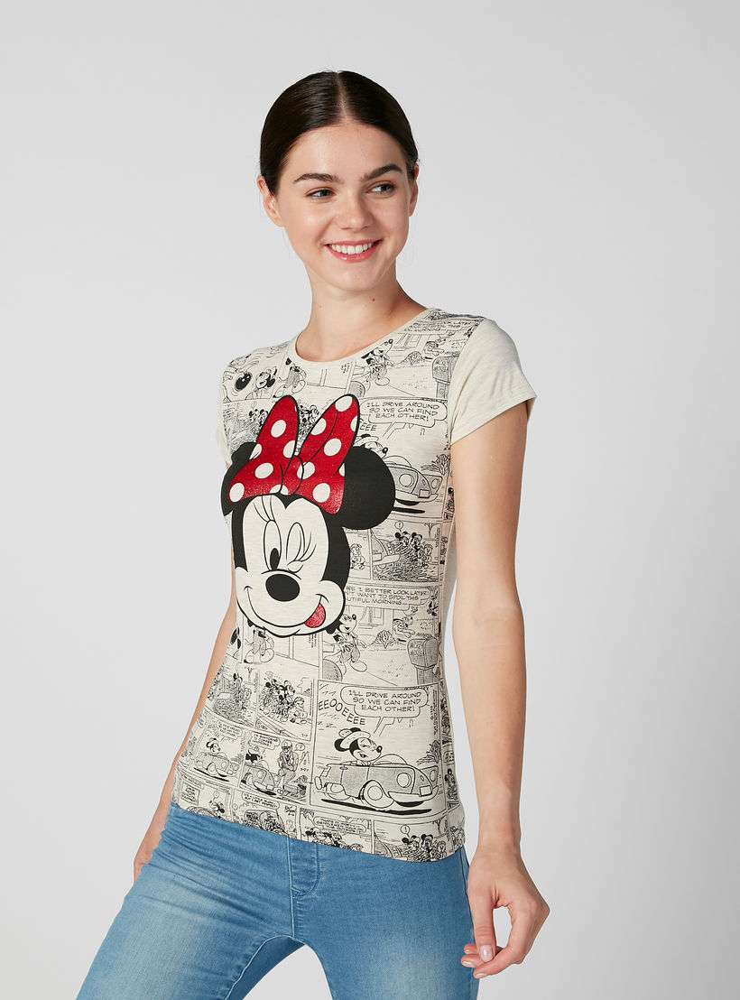 Skinny Fit Minnie Mouse Printed Round Neck T-shirt with Cap Sleeves-women-clothing-tshirts-image-1