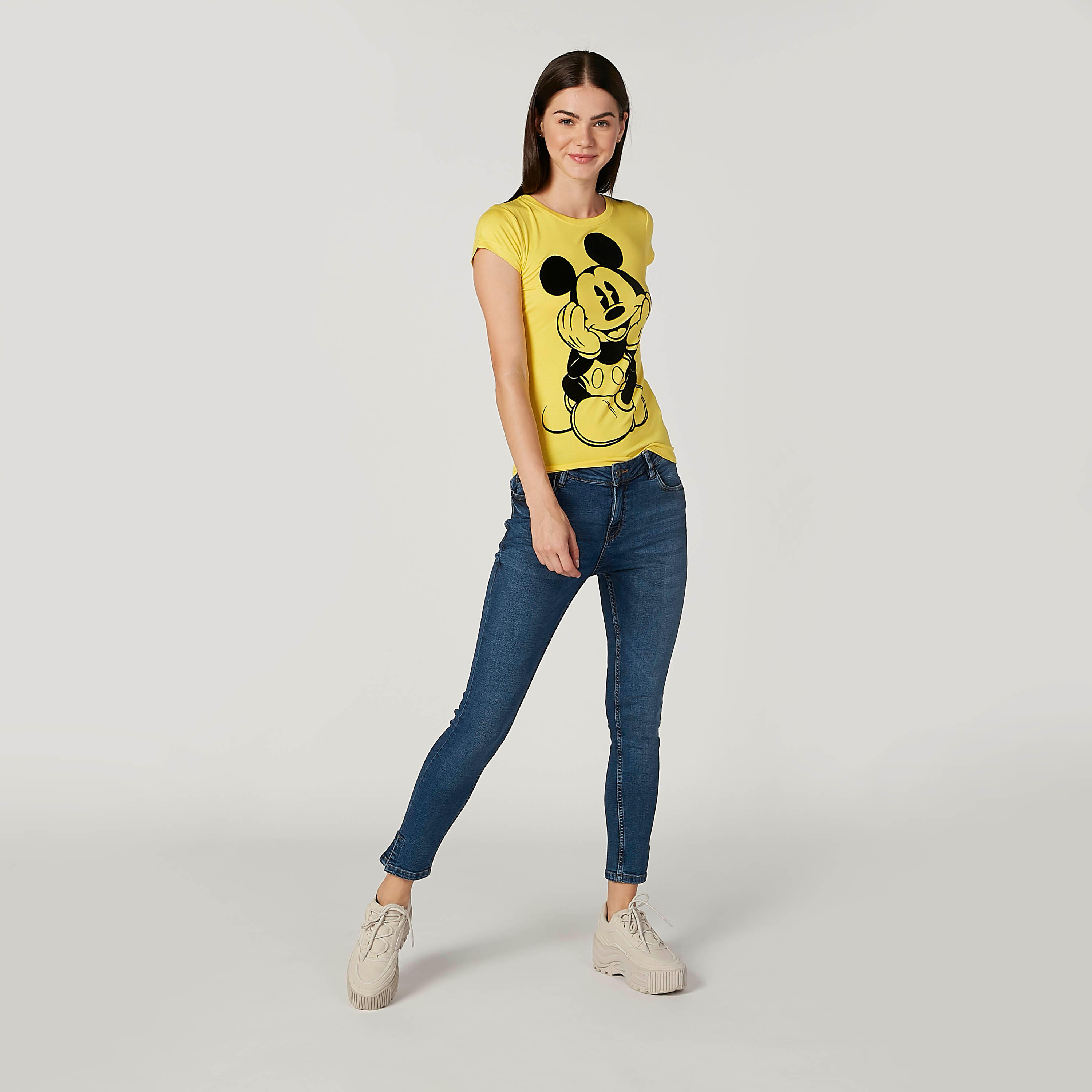 Skinny Fit Mickey Mouse Printed T-shirt with Cap Sleeves-women-clothing-tshirts-image-2