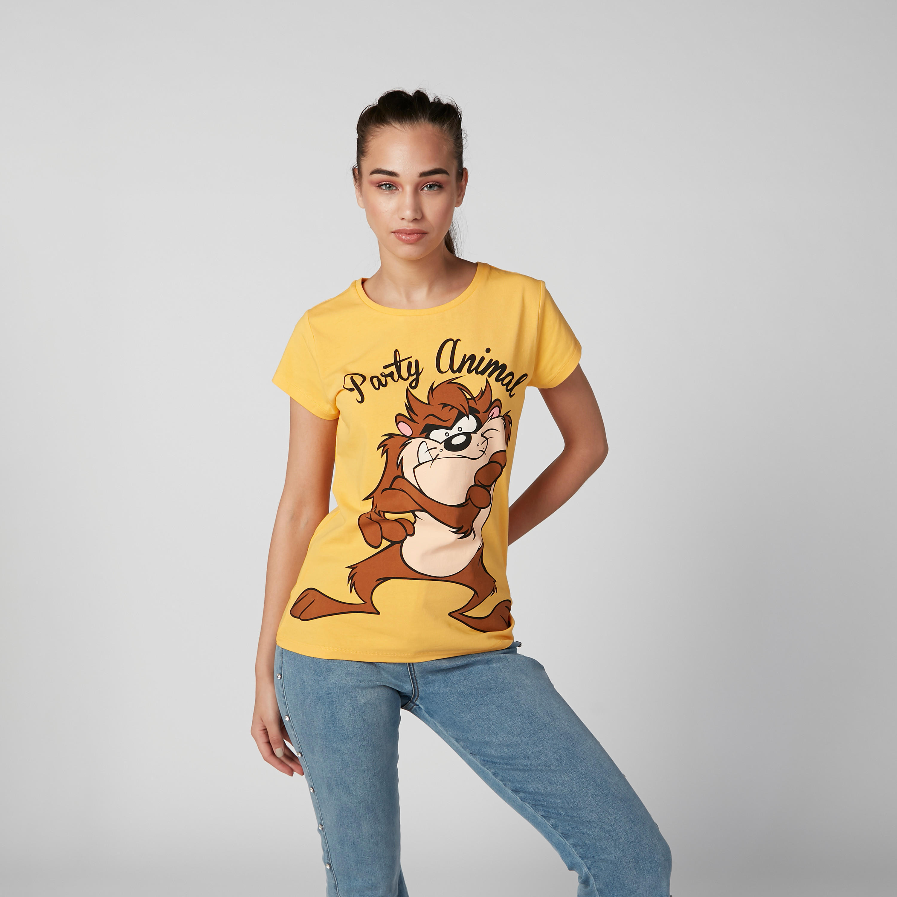 تيشيرت بقصّة سكيني وأكمام قصيرة وطبعات تازمانيان ديفل-women-clothing-tshirts-image-1