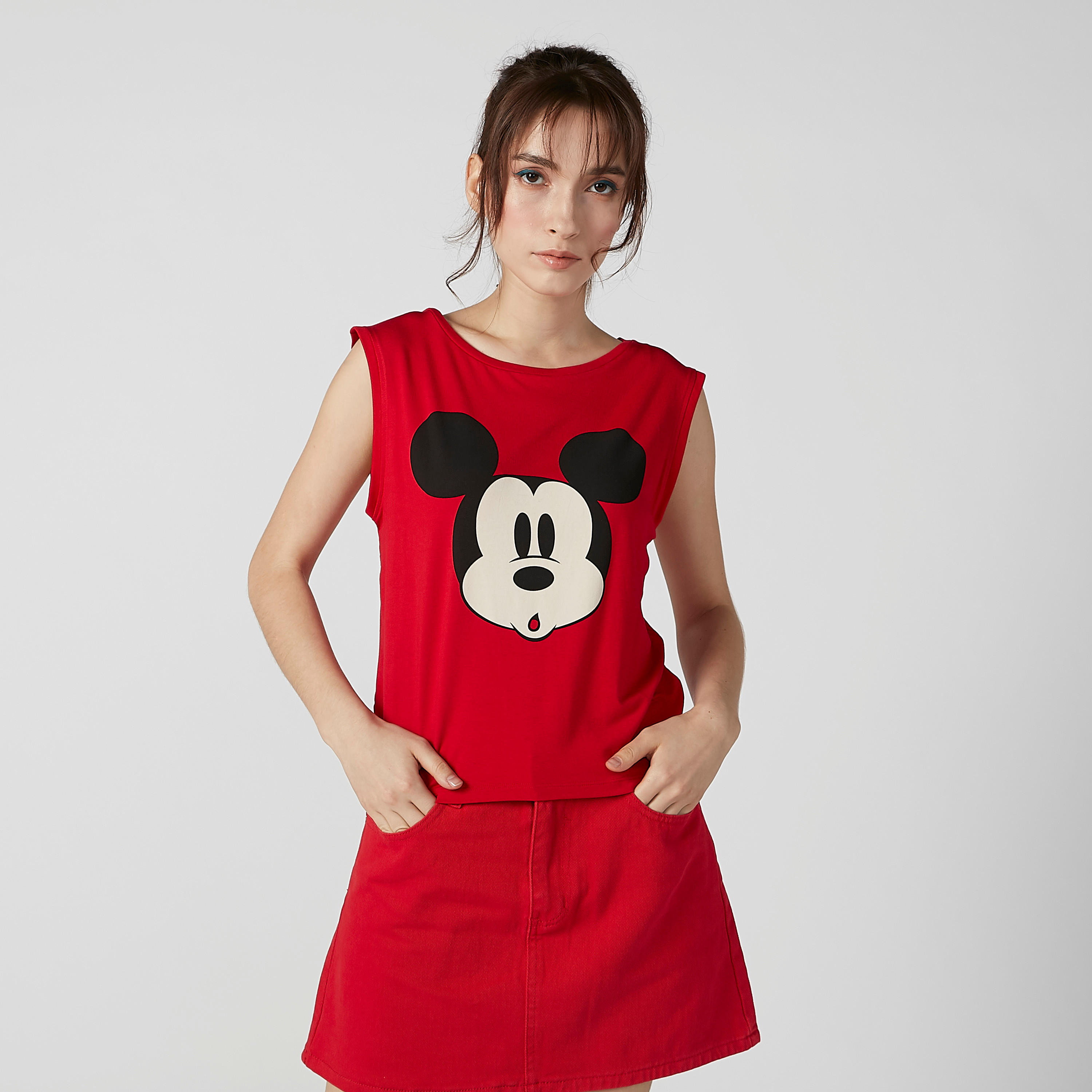 Mickey Mouse Printed Sleeveless T-shirt with Round Neck-women-clothing-tshirts-image-1