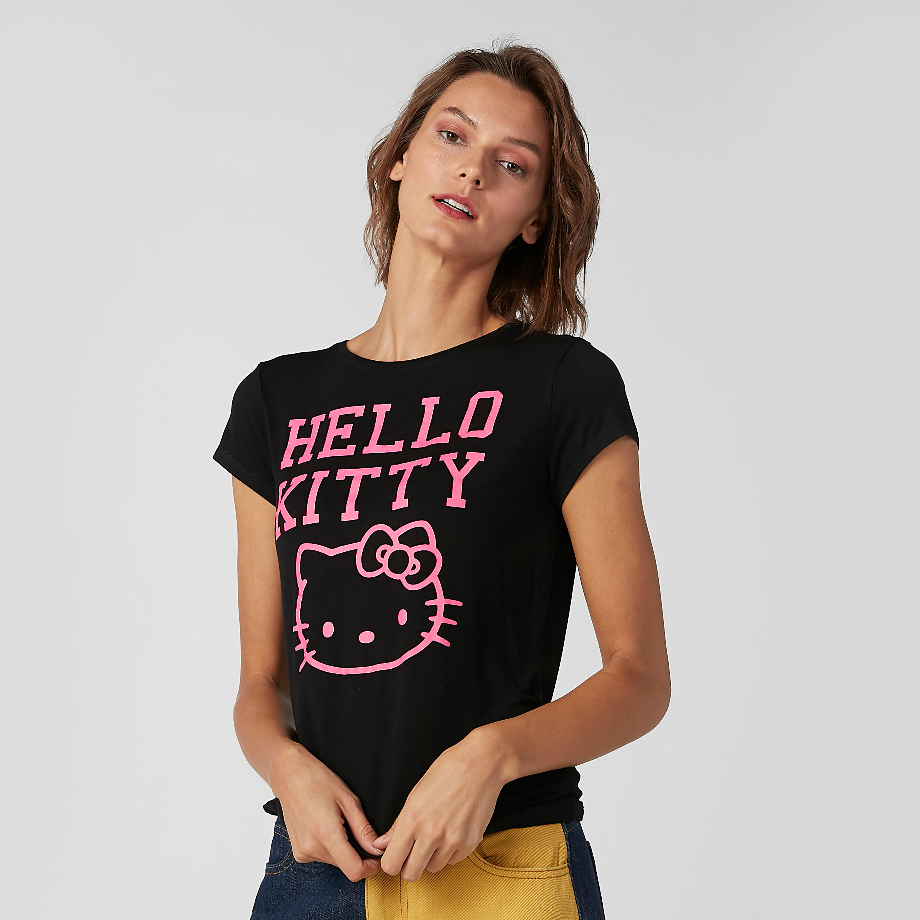 Skinny Fit Hello Kitty Printed T-shirt with Round Neck and Cap Sleeves-women-clothing-tshirts-image-1