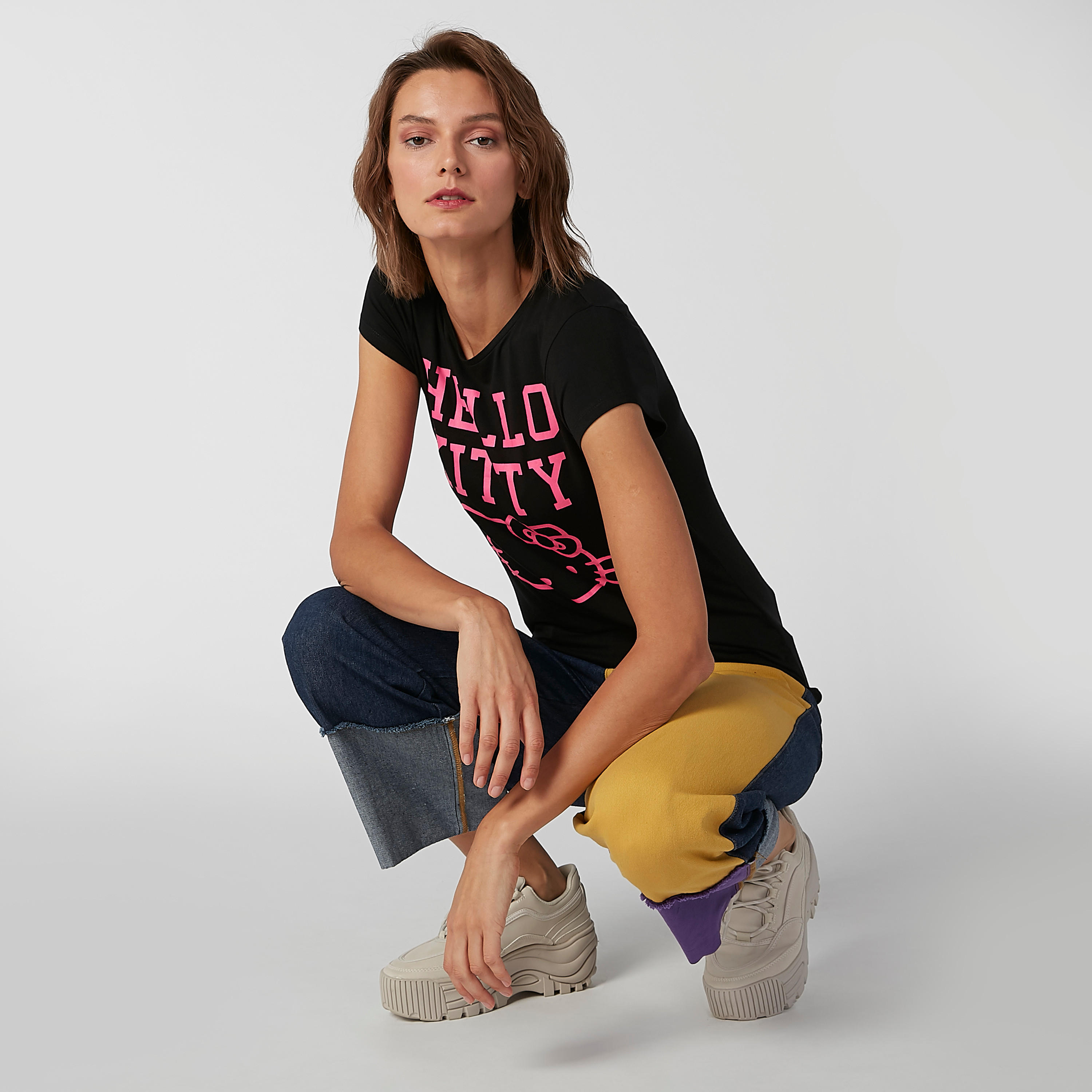 Skinny Fit Hello Kitty Printed T-shirt with Round Neck and Cap Sleeves-women-clothing-tshirts-image-2